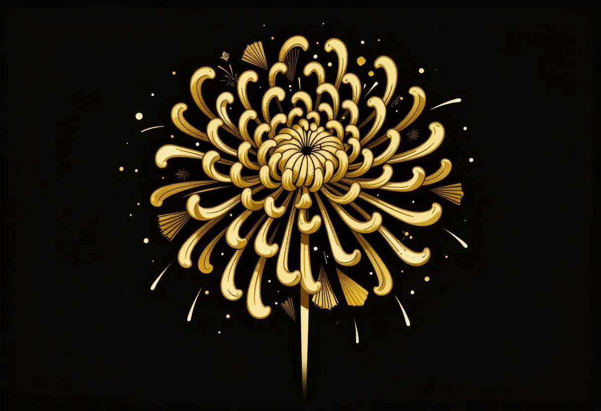Fireworks illustrations — A single huge chrysanthemum firework burst filling the frame, trailing sparks falling against a dark night sky, art deco illustration, geometric fans and sunbursts, bold clean shapes, no outlines, hard edges