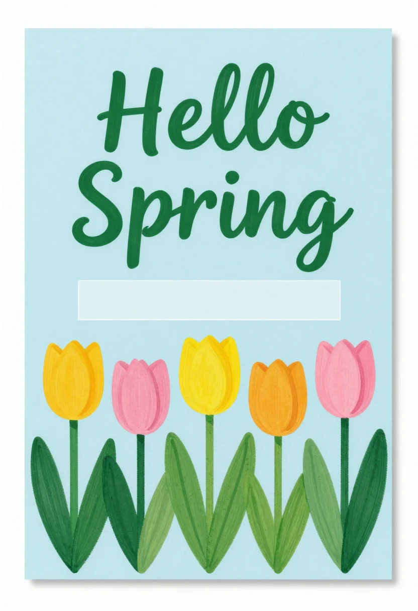 First day of spring cards — a row of five tulips in different colours along the bottom of a vertical card, "Hello Spring" lettered large above them, and a clear panel for a name, opaque gouache illustration, matte flat colour, visible brush texture, simple hand lettering