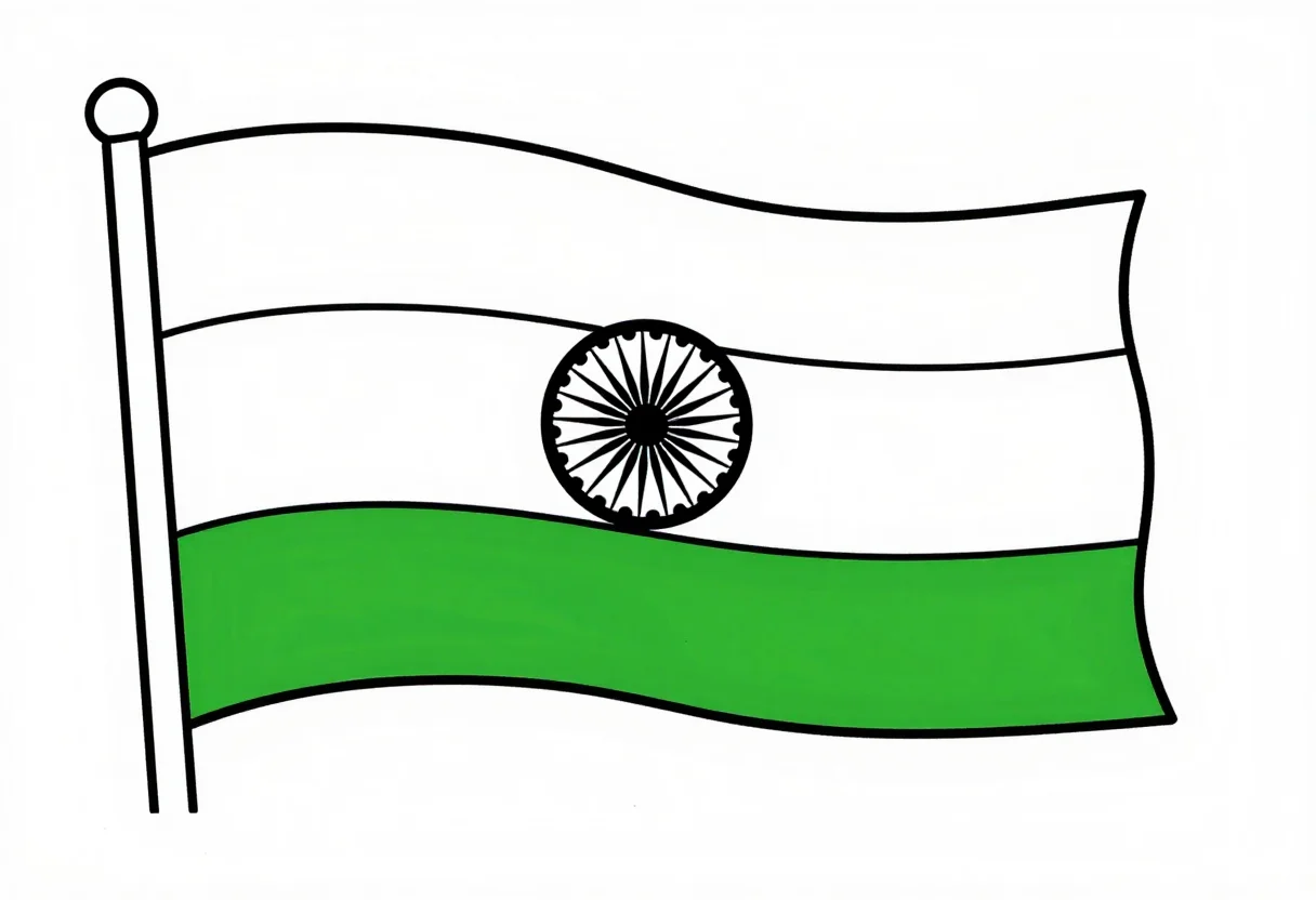 Flag coloring pages — the Indian tricolour waving on a pole, three horizontal bands and the Ashoka Chakra with 24 spokes at its center, thick black outline, simplified stripes and large emblems