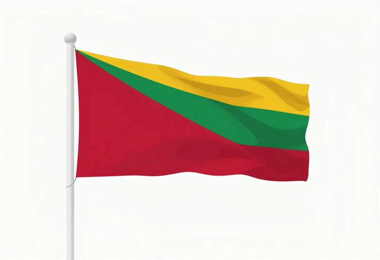 Flags — A single triangular pennant in two colours fluttering on a tall white pole against a plain sky, the fabric's fold caught in the wind., flat vector illustration, bold simplified shapes, limited palette, plain ground