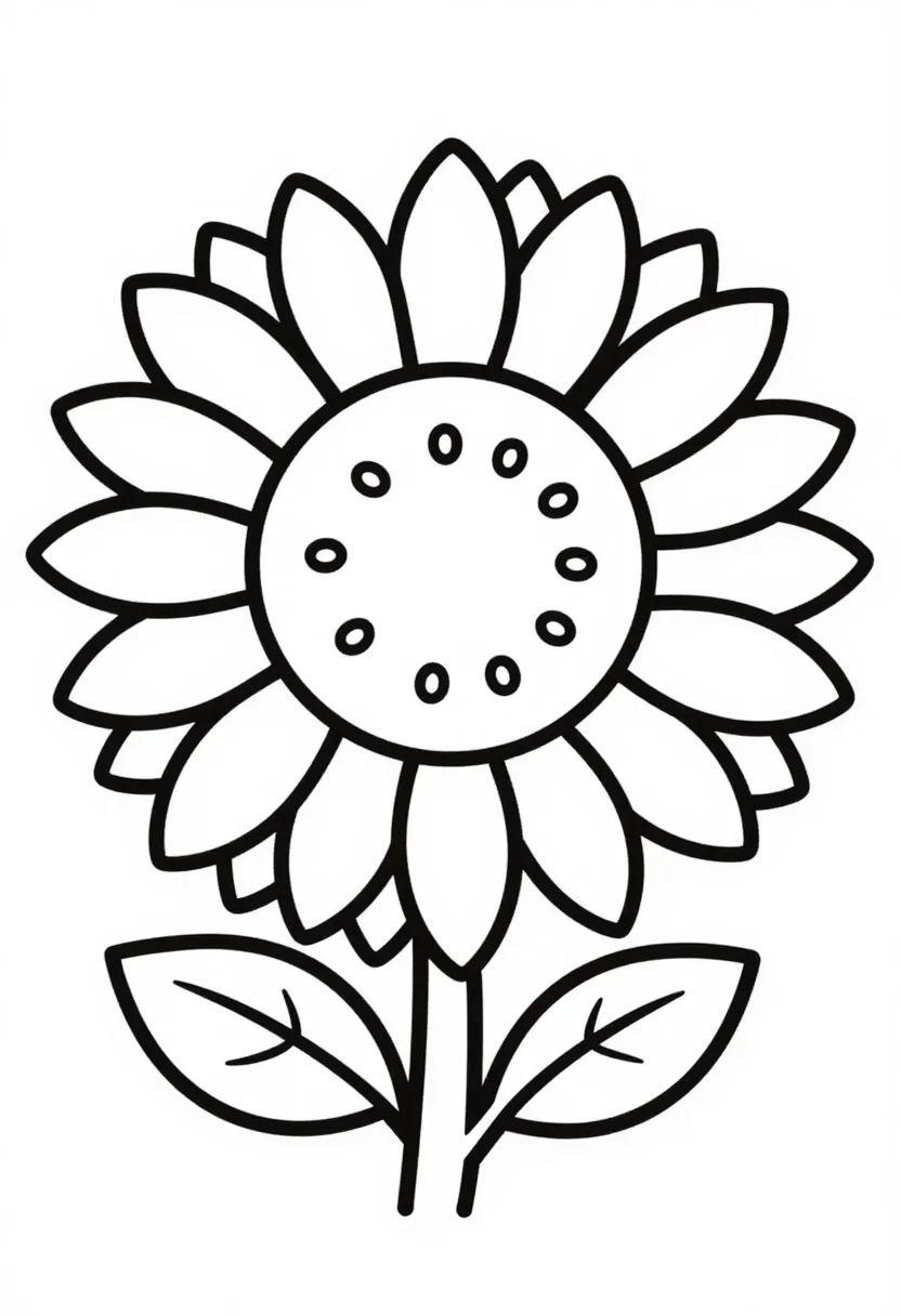 Flower coloring pages — one large sunflower filling the page, its rows of petals, a seed-patterned center and two broad leaves, bold uniform black outlines, simplified rounded shapes and large open areas a young child can color inside