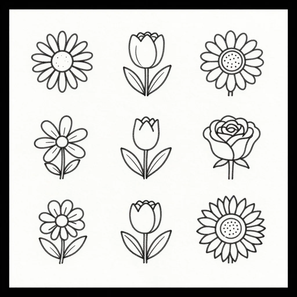 Flower doodles — a sheet of sixteen single flowers, a daisy, a tulip, a rose seen from above and a sunflower, each on a short stem, fine black pen outlines of even thin weight, each petal a single curved stroke