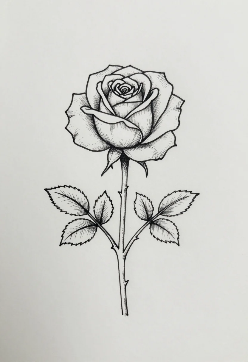 Flower drawings — a single open rose on a long stem with two leaves and a few thorns, the petals spiralling from the center, a botanical ink illustration, fine black lines with stippled shading on the petals and leaves