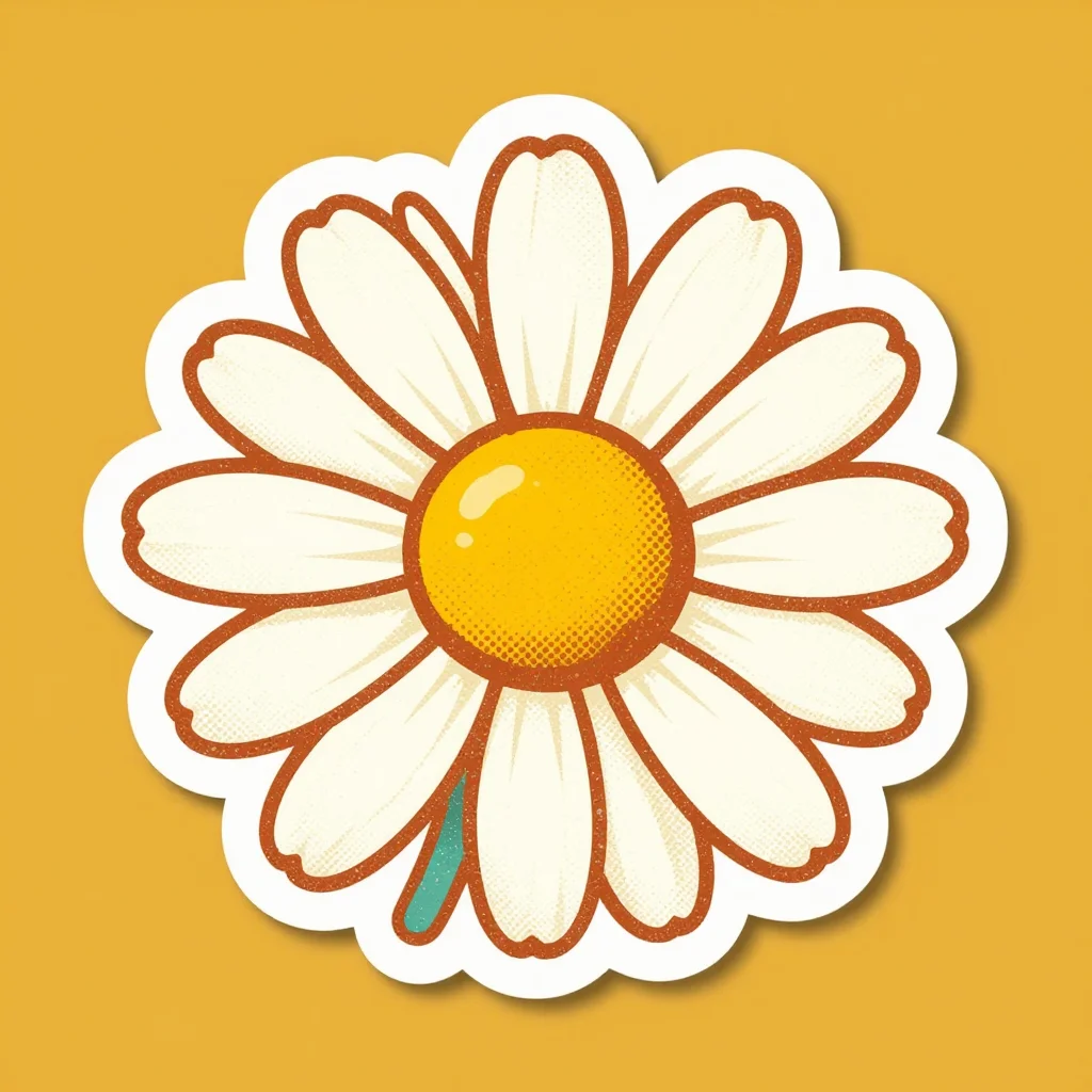 Flower stickers — a single white daisy with a yellow centre, retro sticker illustration, 1970s shapes, halftone grain, slight misregistration