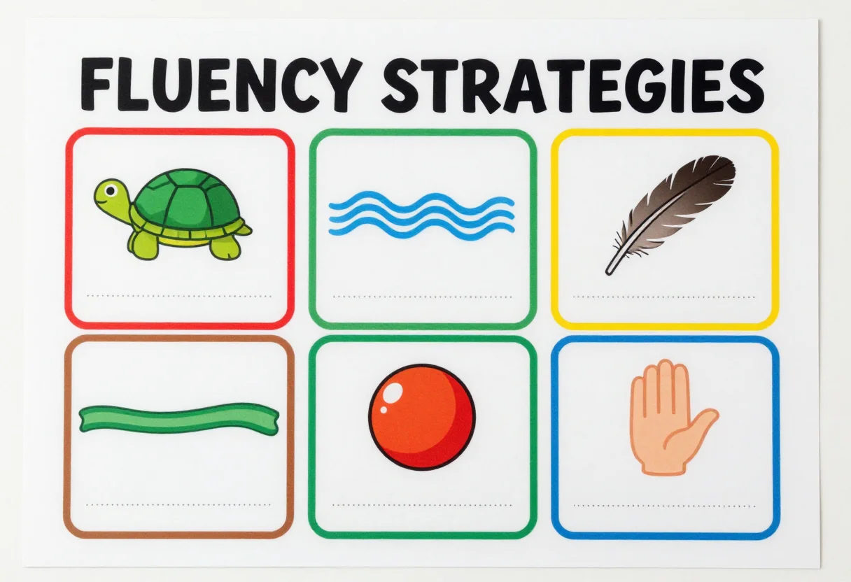 Fluency cards — A landscape sheet titled "FLUENCY STRATEGIES" of six cards with dotted cut lines, each with a drawn strategy symbol — a turtle, a gentle wave, a feather, a stretched rubber band, a bouncing ball, a pause hand — and a blank band beneath, a thin border., bright flat classroom design, bold primary colours, rounded corners, clean vector
