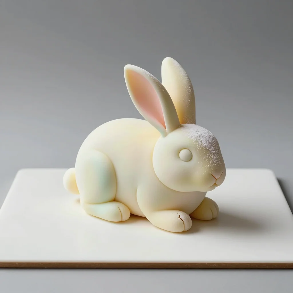 Fondant — A bunny modelled from fondant, the body one smoothed ball with the seam blended away, the ears rolled thin and pressed with a bone tool, a dusting of cornflour softening the surface and a hairline crack starting at one paw., smooth rolled fondant, a soft satin sheen with no hot specular, a fine powdery grain from the dusting, edges rounded and softened, broad light from high camera-left, bright and open with pale shadows