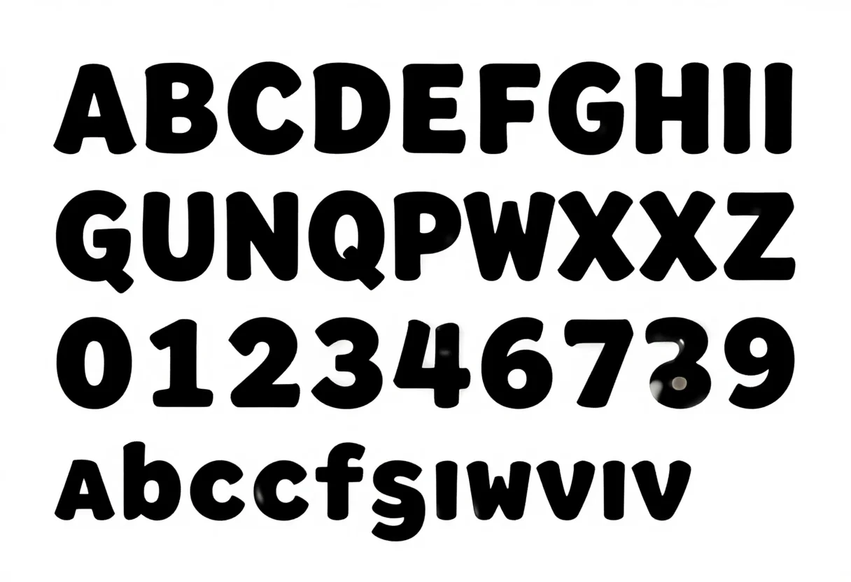 Fonts — A specimen sheet showing a full uppercase alphabet A to Z in a chunky rounded display face across three rows, a row of numerals 0 to 9 beneath, and a lowercase row, every glyph evenly spaced on a plain ground, the letterforms consistent in weight and width., clean type specimen, solid black glyphs on white, even spacing, flat vector