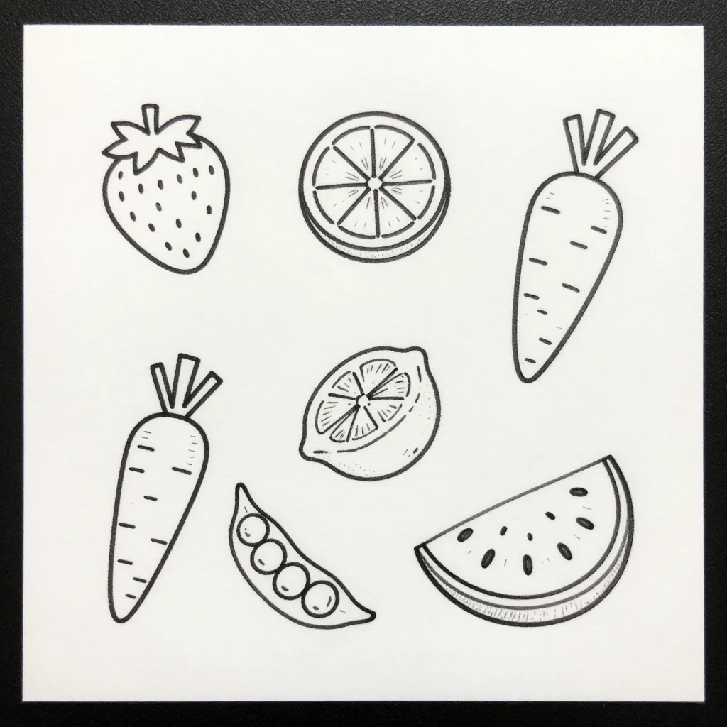 Food doodles — a sheet of fruit and vegetables, a strawberry, half a lemon, a carrot, a slice of watermelon and a pea pod, fine black pen outlines with a few tiny hatched details, each dish a clear simple shape