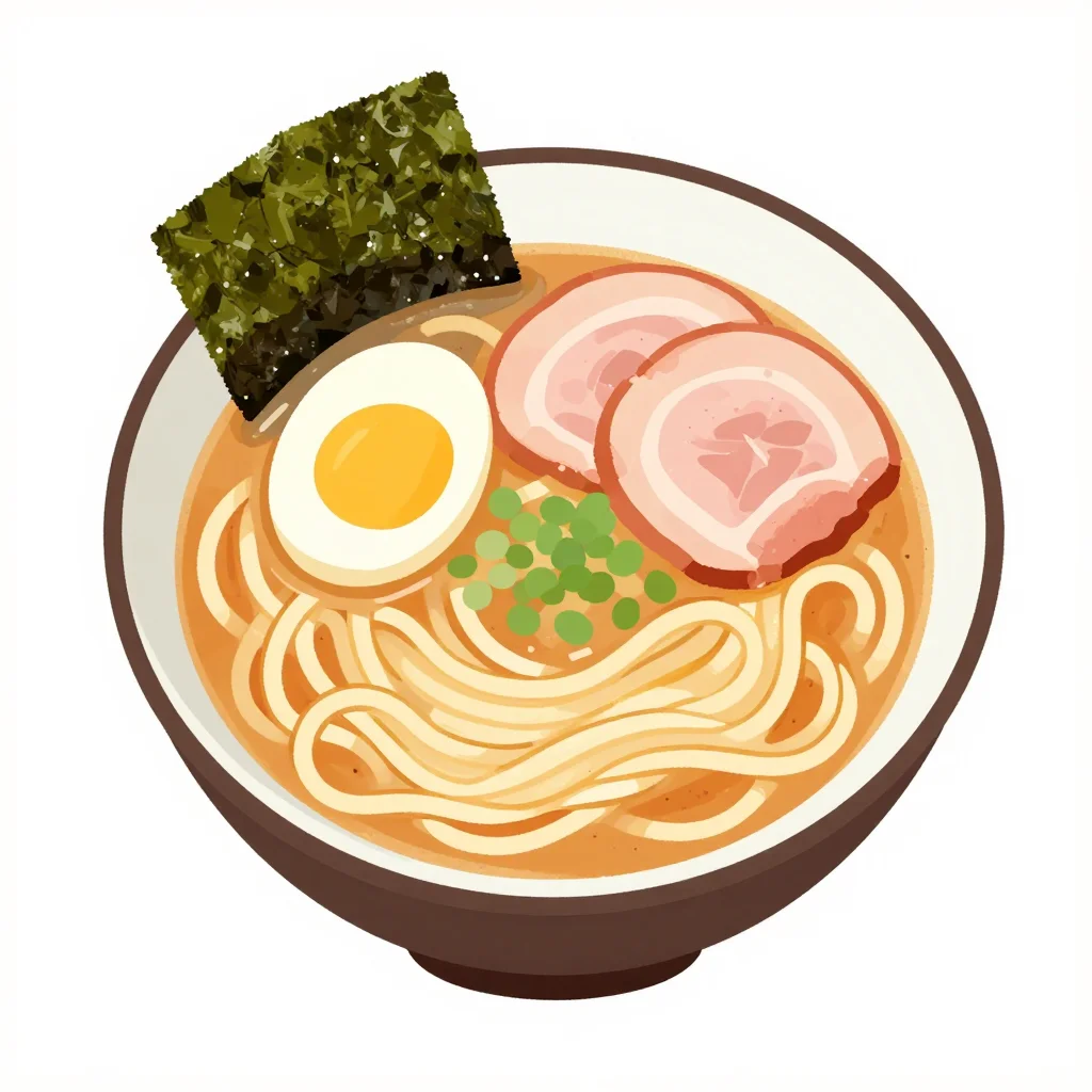 Food illustrations — a bowl of ramen seen from straight above, a halved soft-boiled egg, two folded slices of pork, a sheet of nori and a coil of noodles arranged around the broth, drawn as flat gouache, bold clean shapes with no outlines, smooth gradient-free fills and a little visible brush grain
