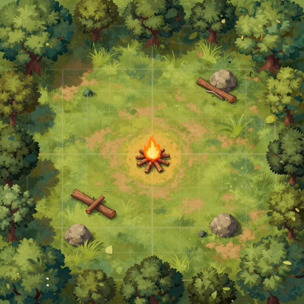 Forest battle maps — a top-down battle map of a grassy clearing ringed by tree canopies on a square grid, with a campfire, fallen logs and a few boulders, hand-painted fantasy battle map, soft brush texture, rich leafy greens with warm dirt and stone