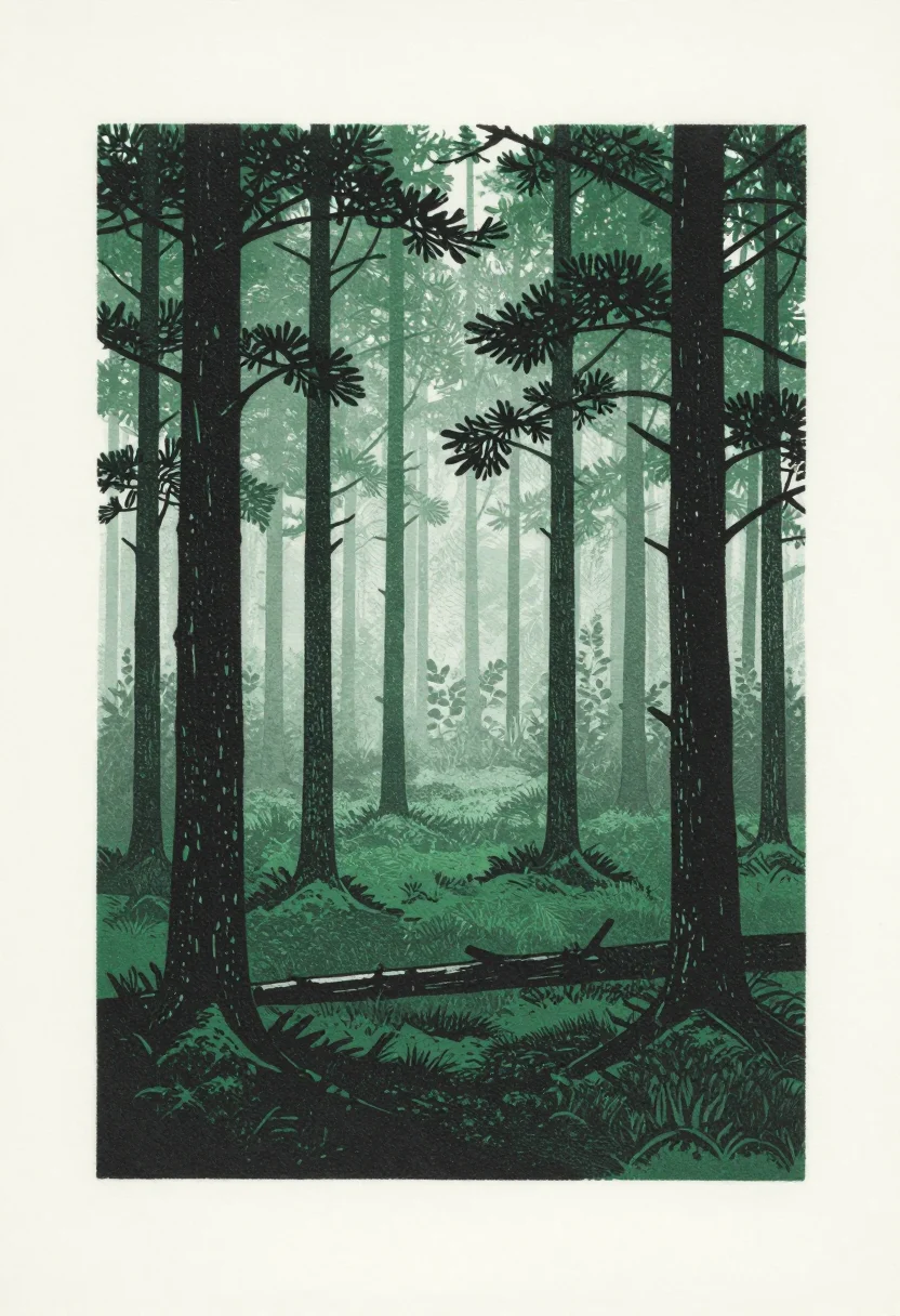 Forests — a dense stand of pines in thick fog, the nearest trunks dark and detailed and each row behind them paler until the last is barely there, a mossy floor with one fallen trunk, a hand-pulled linocut print, bold gouged cut marks and chunky negative space, slight misregistration and the grain of the ink showing
