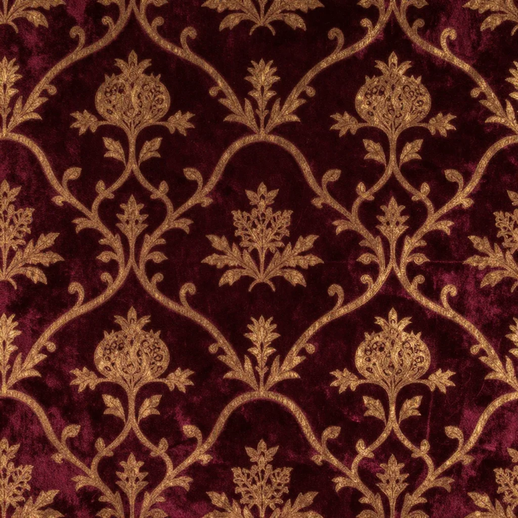 Fortuny — An ogival lattice of curling stems, each cell holding a pomegranate flanked by a pair of acanthus leaves, printed in bronze over a deep velvet so the pile takes the pigment unevenly and the pattern shifts as the cloth moves., carved-block and cut-paper stencil printing on cotton velvet, one stencil per colour, metallic pigment over a dyed ground