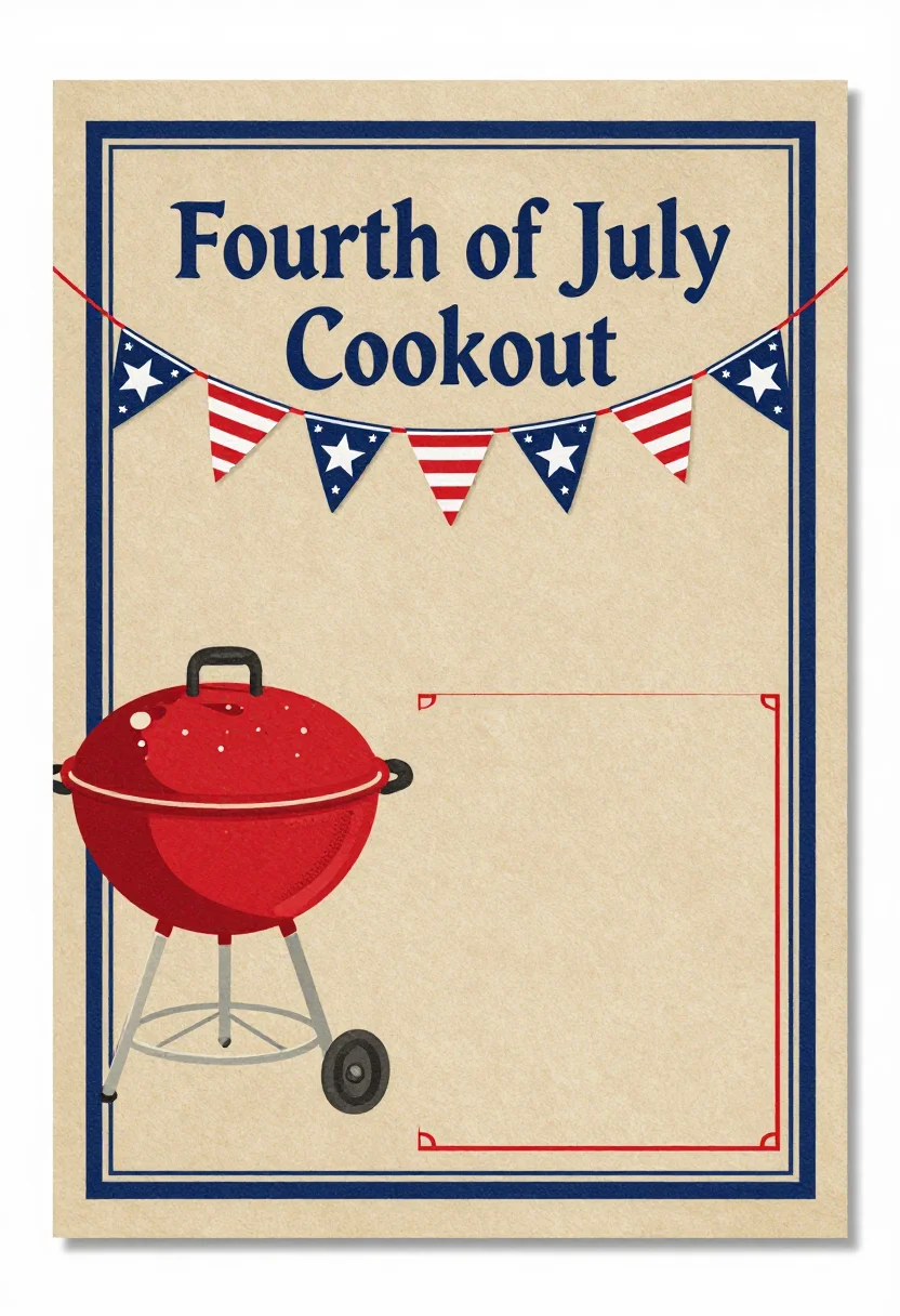 Fourth of July invitations — a vertical invitation headed "Fourth of July Cookout" over a grill and a string of red, white and blue bunting, a clear empty panel below for date, time and address, vintage Americana stationery, star-spangled bunting, stencilled serif capitals, a little worn print texture