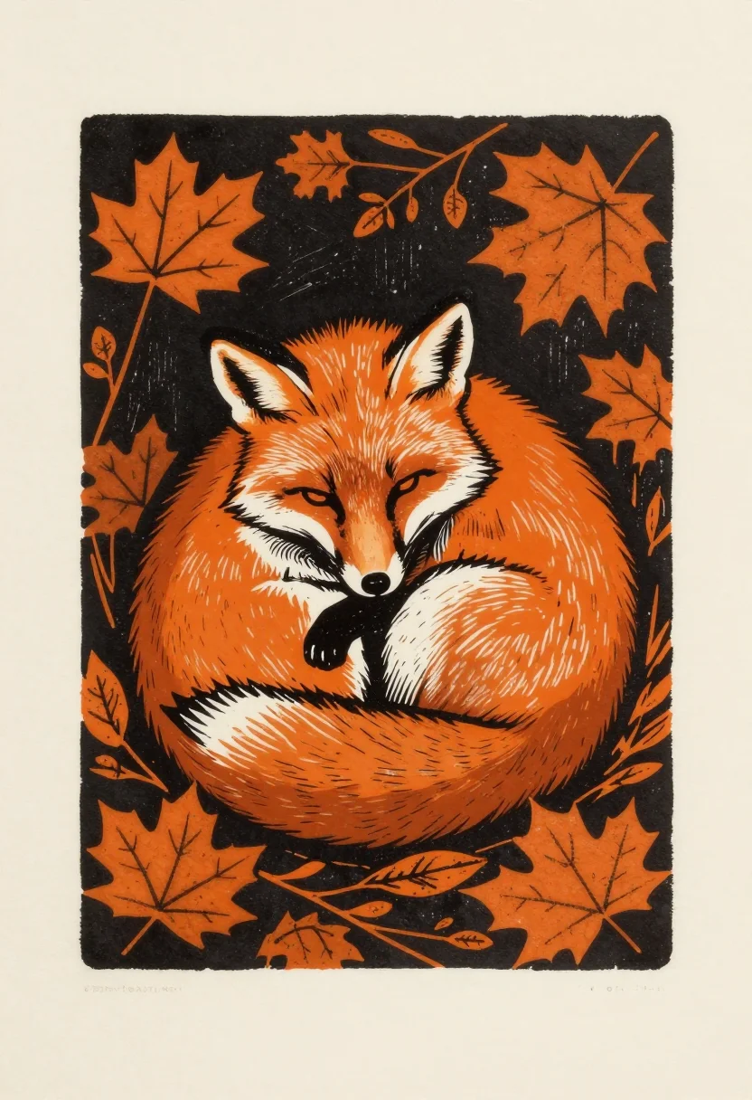 Foxes — a fox curled asleep in a drift of orange and brown autumn leaves, its tail over its nose so the white tip shows, a linocut print, bold gouged cut marks and chipped shape edges, the fur described by carved parallel strokes, hand-printed ink texture