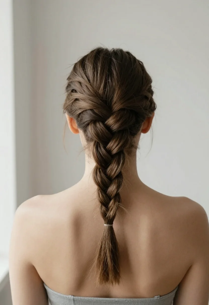 French braid styles — one neat French braid running from the crown down the back, the strands woven flat against the head, tied with a small ribbon, seen from behind against a plain pale wall, soft window daylight from camera-left, the tonal balance bright with gentle shadow in every crossing of the braid