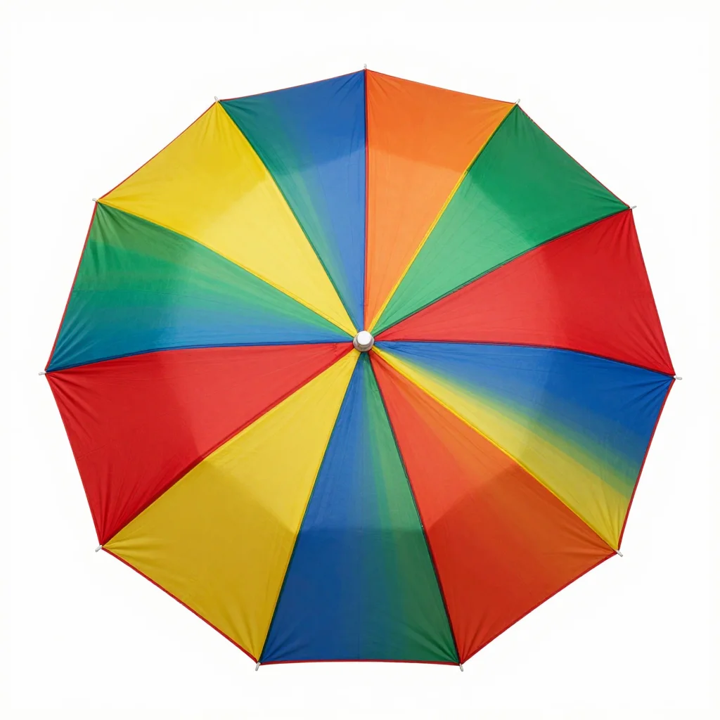 Frevo umbrella designs — a frevo sombrinha seen from directly above, its canopy cut into eight wedges of red, yellow, green and blue around a small central tip, bold flat shapes with hard edges and smooth gradient-free fills, a thin dark outline around each segment