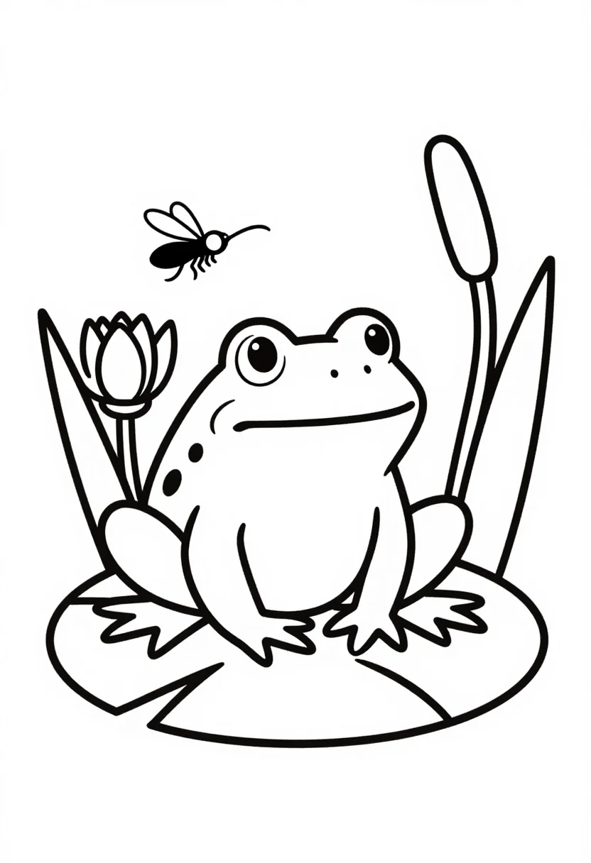 Frog coloring pages — a frog sitting on a lily pad catching a fly with its long tongue, reeds and a water lily around, bold uniform black outlines, simplified shapes and large open areas a six-year-old can color inside