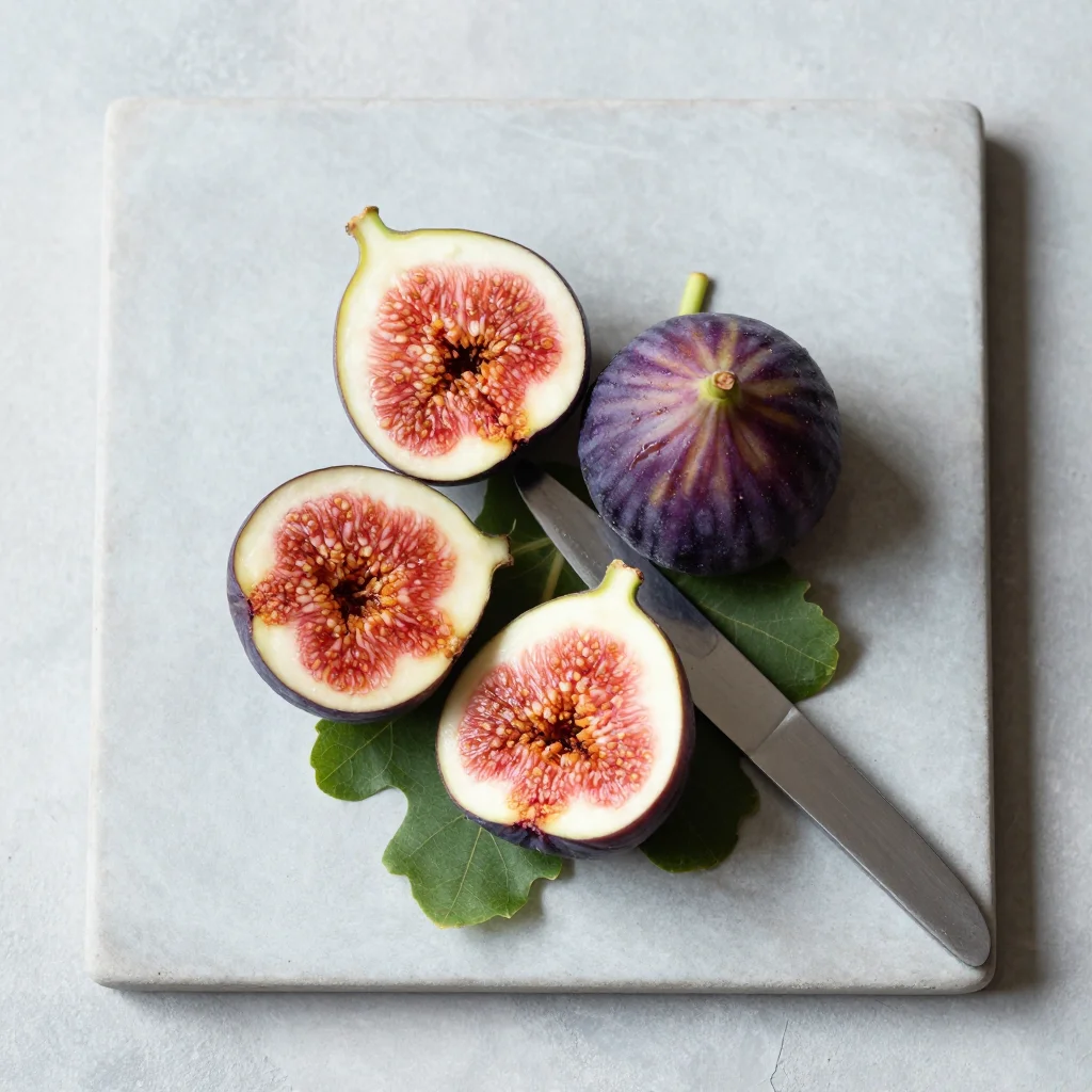 Fruit photography — Three figs on a board, one torn in half to show the pink centre and the seeded flesh, another quartered open, the purple skin dusty with bloom, a knife with juice on the blade and a fig leaf underneath., broad soft even daylight from directly above, light and open with a thin shadow beside each piece, on a pale grey plaster surface