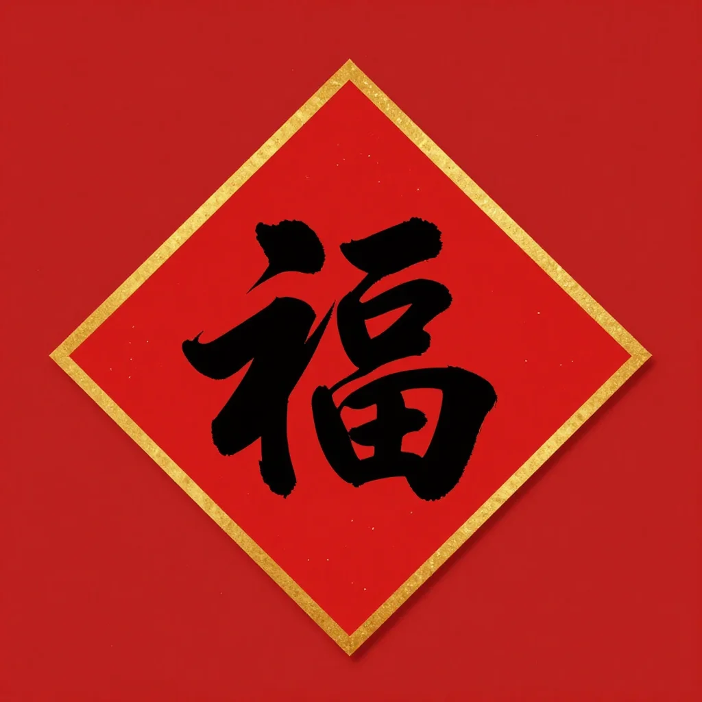 Fu character designs — the character "福" in black brush calligraphy on a red square turned on its point, a thin gold border inside the edge, bold ink brush calligraphy, thick tapering strokes, dry-brush edges