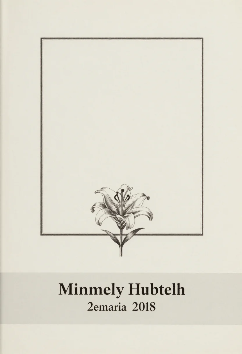 Funeral programs — A funeral program cover, a large empty rectangular photograph panel centred in the upper half with a hairline frame, a single stem of lily drawn beneath it, and a wide clear band at the foot for the name and the two dates, no sample text., classic funeral stationery layout, restrained serif hierarchy, one hairline rule, no ornament beyond a single stem
