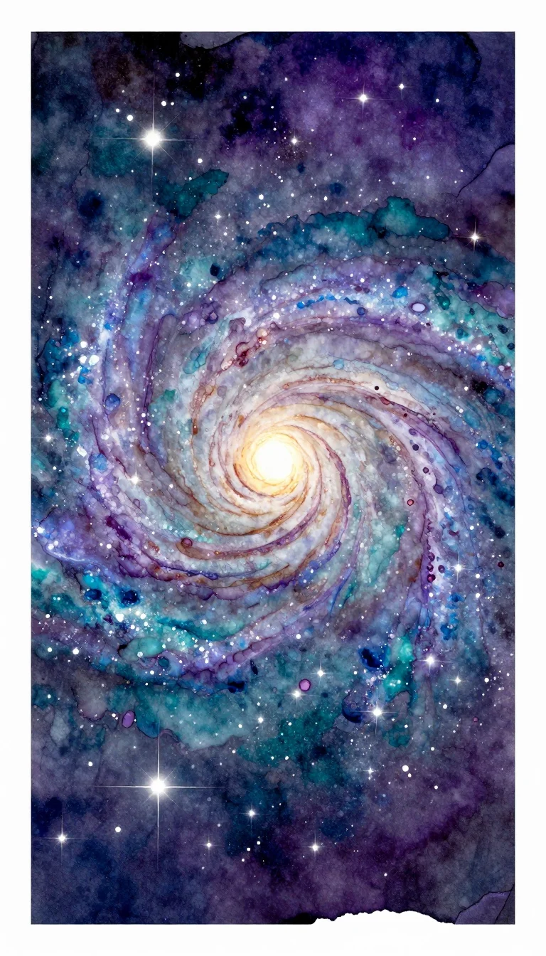 Galaxy — a spiral galaxy seen face-on, arms of blue and white stars curving out of a bright golden core, loose watercolour, wet bleeds of purple and teal, salt-bloomed stars and a fine white splatter