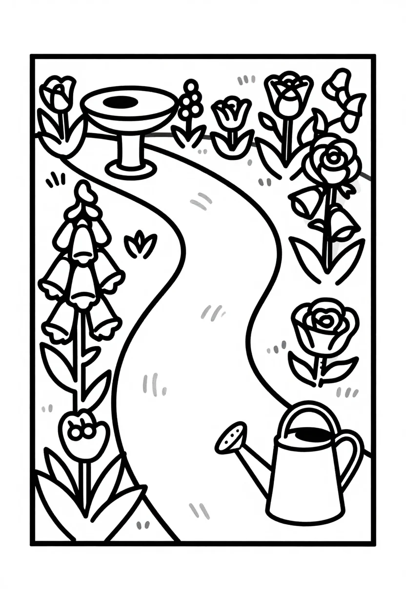Garden coloring pages — a flower garden with a winding path, a birdbath, foxgloves, roses and a watering can on the grass, bold uniform black outlines, simplified shapes and large open areas a six-year-old can color inside