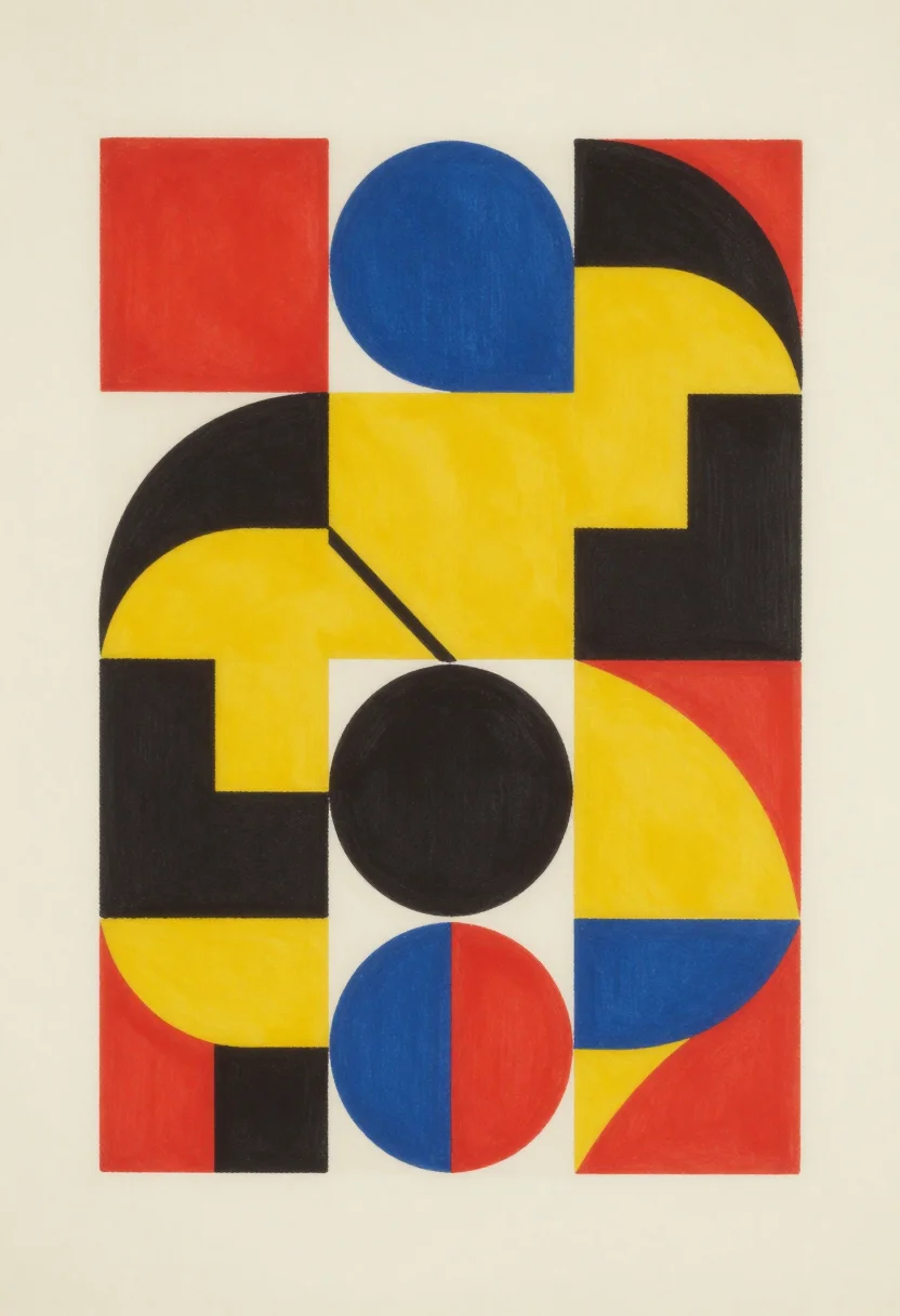 Geometric prints — overlapping circles and half-circles, some filled solid and some left as open outlines, their overlaps cutting new shapes, one thin diagonal crossing them all, drawn as a Bauhaus flat print, bold clean shapes with hard edges, no outlines and no gradients