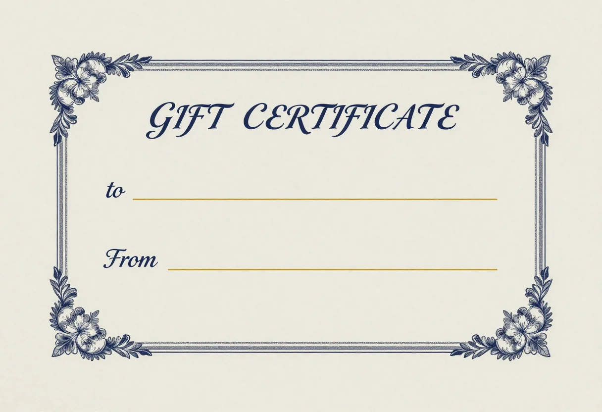 Gift certificates — a gift certificate with a floral corner border, "GIFT CERTIFICATE" in elegant script and blank labelled lines for to, from and amount, a formal engraved certificate with a fine guilloche border and elegant script