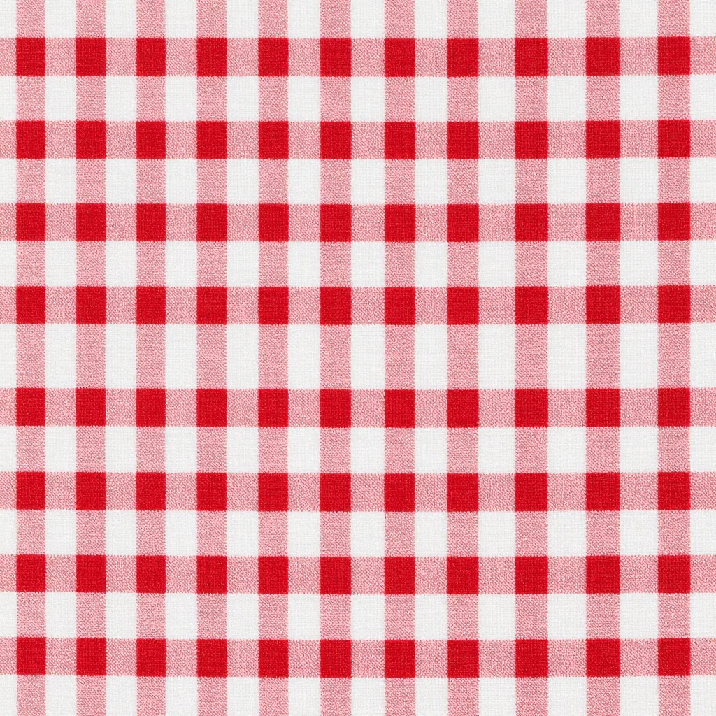 Gingham — Checks two millimetres square, white, mid-tone and the doubled dark where warp crosses weft, the three tones in strict alternation so the cloth reads as a soft pale colour at a glance., gingham repeat, one dyed colour in warp and weft against white so three tones appear — white, single-dyed, and the doubled overlap — the thread grid visible inside every square, crisp cotton with a clean thread grid