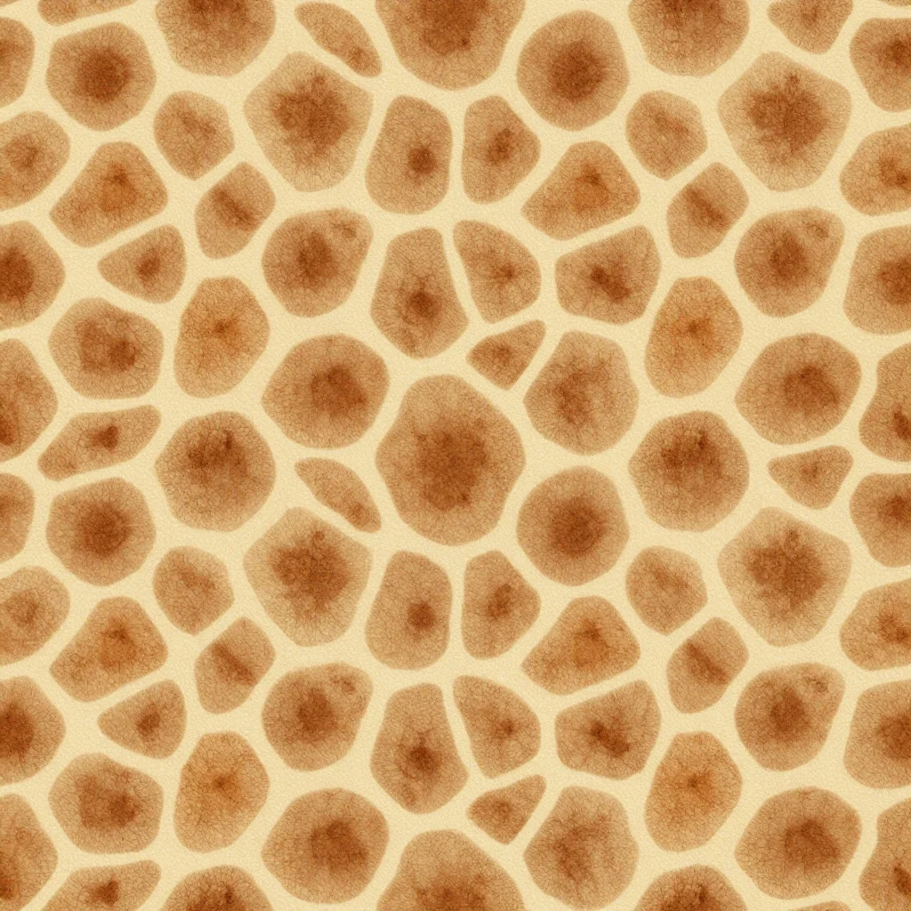 Giraffe print — Polygons the size of a lentil separated by hairline pale channels, each patch slightly darker at its centre, the network even across the frame so it reads as a fine crackled hide., giraffe repeat, irregular four-to-six-sided patches separated by narrow pale channels, each patch darkening toward its centre, no channel running straight through the field, soft furred channel edges over warm brown