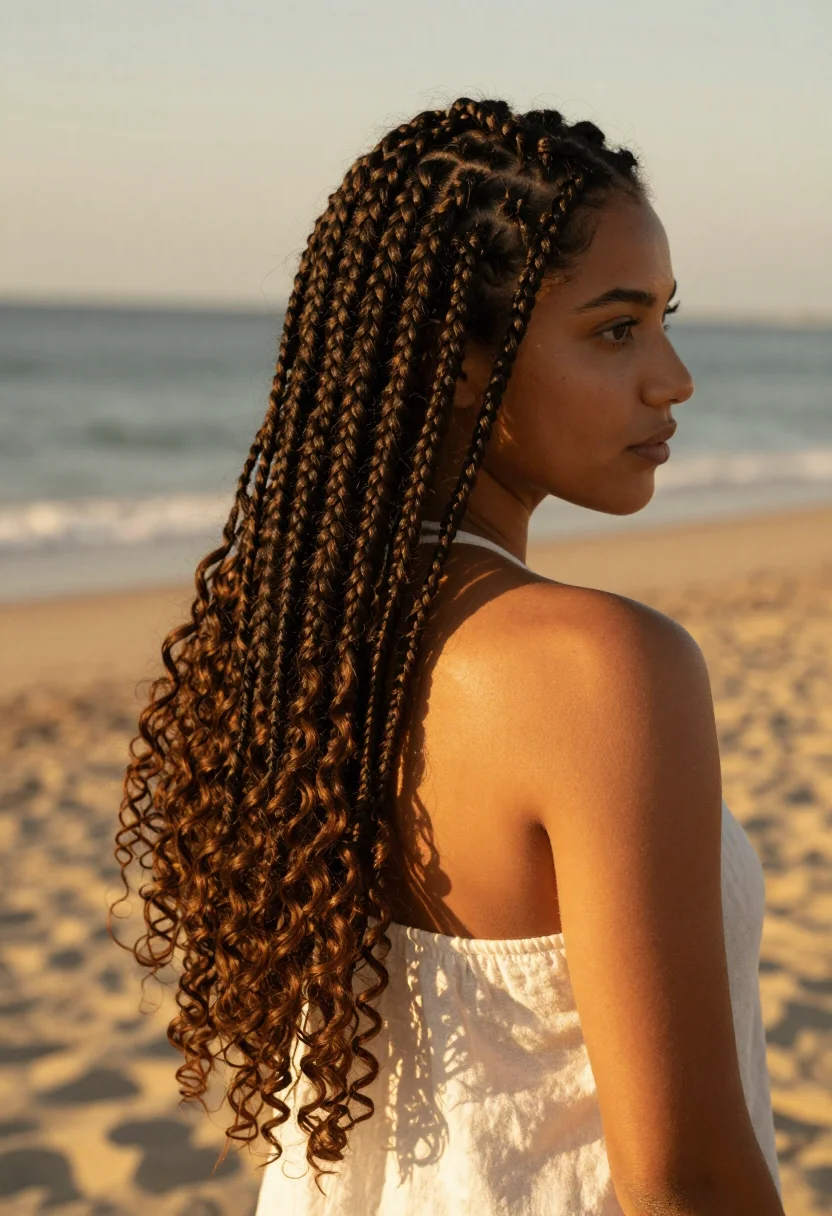 Goddess braids — long goddess box braids with wavy curls left out through the length and curly ends, worn down past the shoulders, worn by a woman on a sunlit beach at golden hour, warm daylight from camera-left glinting on the curls, the tonal balance warm with the sea behind falling to soft gold