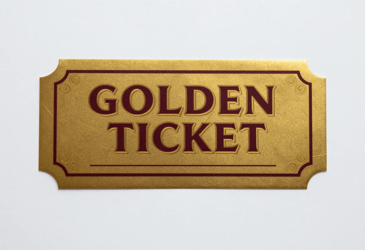 Golden tickets — a single golden ticket with a scrolled gold border, the words "GOLDEN TICKET" in a large ornate serif and a blank line for the winner's name, a lavish gold foil ticket with embossed scrolls and a glossy metallic sheen