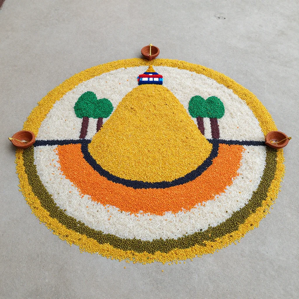Govardhan Puja rangoli — Govardhan hill as a rounded mound with trees and a small temple on top, a ring of diyas around it, a mosaic of coloured rice grains and split lentils, each grain a visible small shape, heaped slightly at the edges
