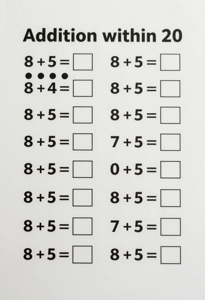 Grade 1 math worksheets — a worksheet headed "Addition within 20" with twelve sums such as "8 + 5 =" in two columns, an empty answer box after each and a row of counting dots under the first three, a clean school photocopy sheet, crisp black lines, a simple bold sans-serif heading, tidy even rows and nothing decorative