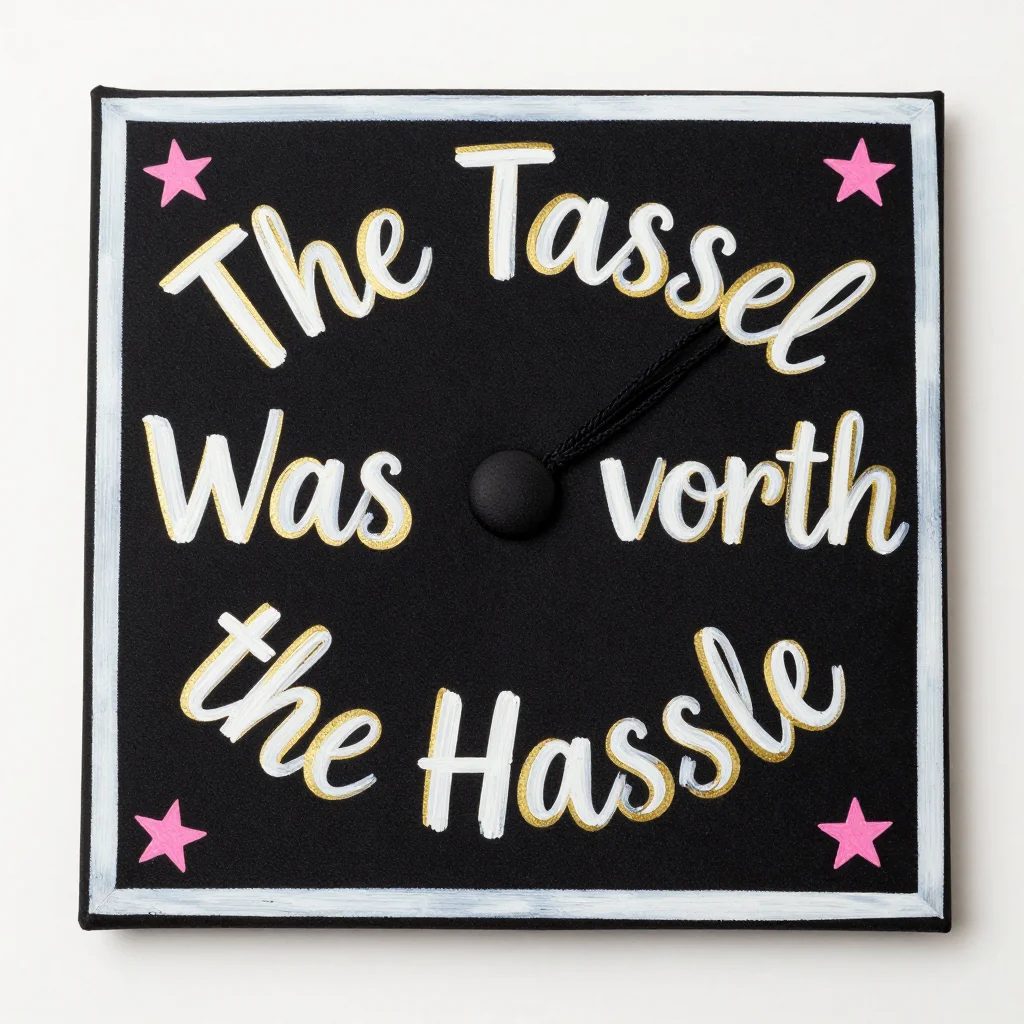 Graduation cap designs — a square mortarboard top seen straight from above, the tassel button at the centre, "The Tassel Was Worth the Hassle" lettered around it, and small stars in the four corners, hand-painted acrylic on a black cloth cap, bold brush lettering and slightly raised dabs of paint
