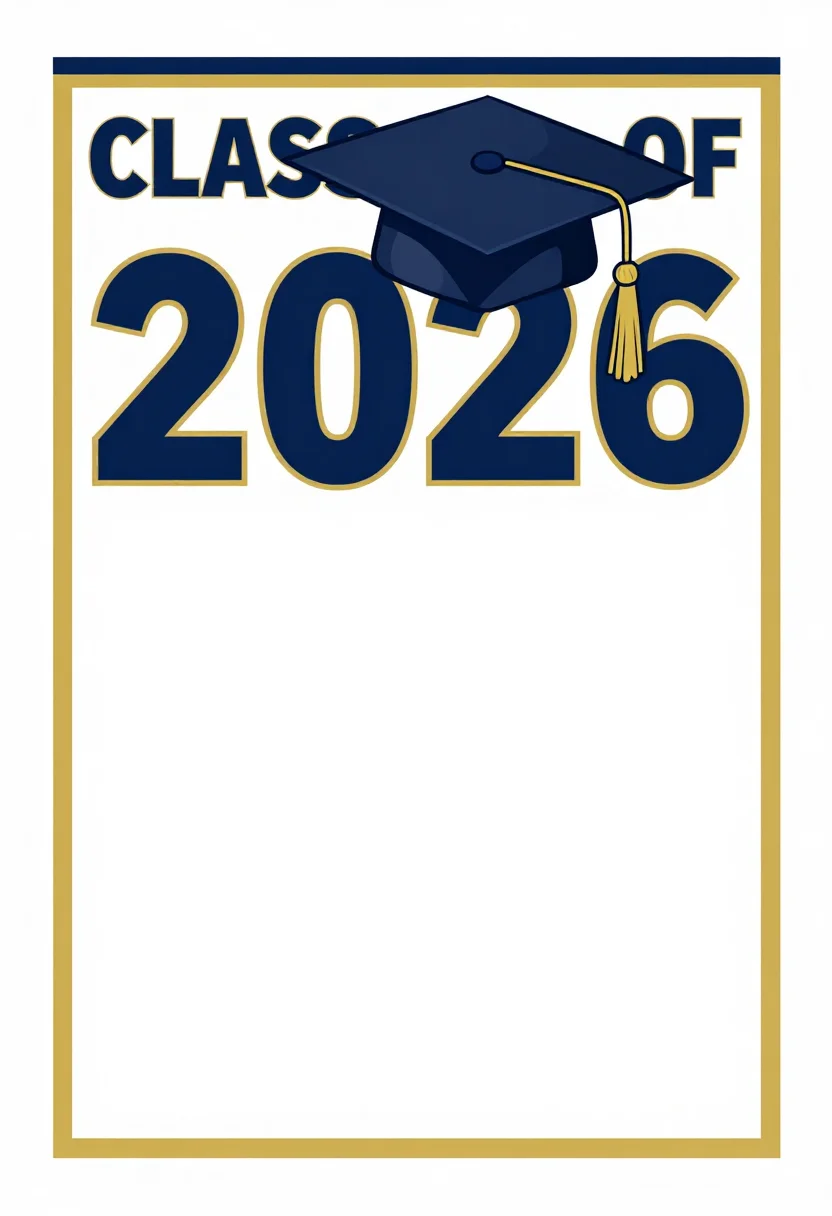 Graduation invitations — the words "CLASS OF" above a very large "2026" across the upper third, a mortarboard and tassel resting over the numerals, and one wide empty panel below for the name, drawn as a school-color announcement with a solid banded header, a thin double rule and a small tassel dropping from one corner