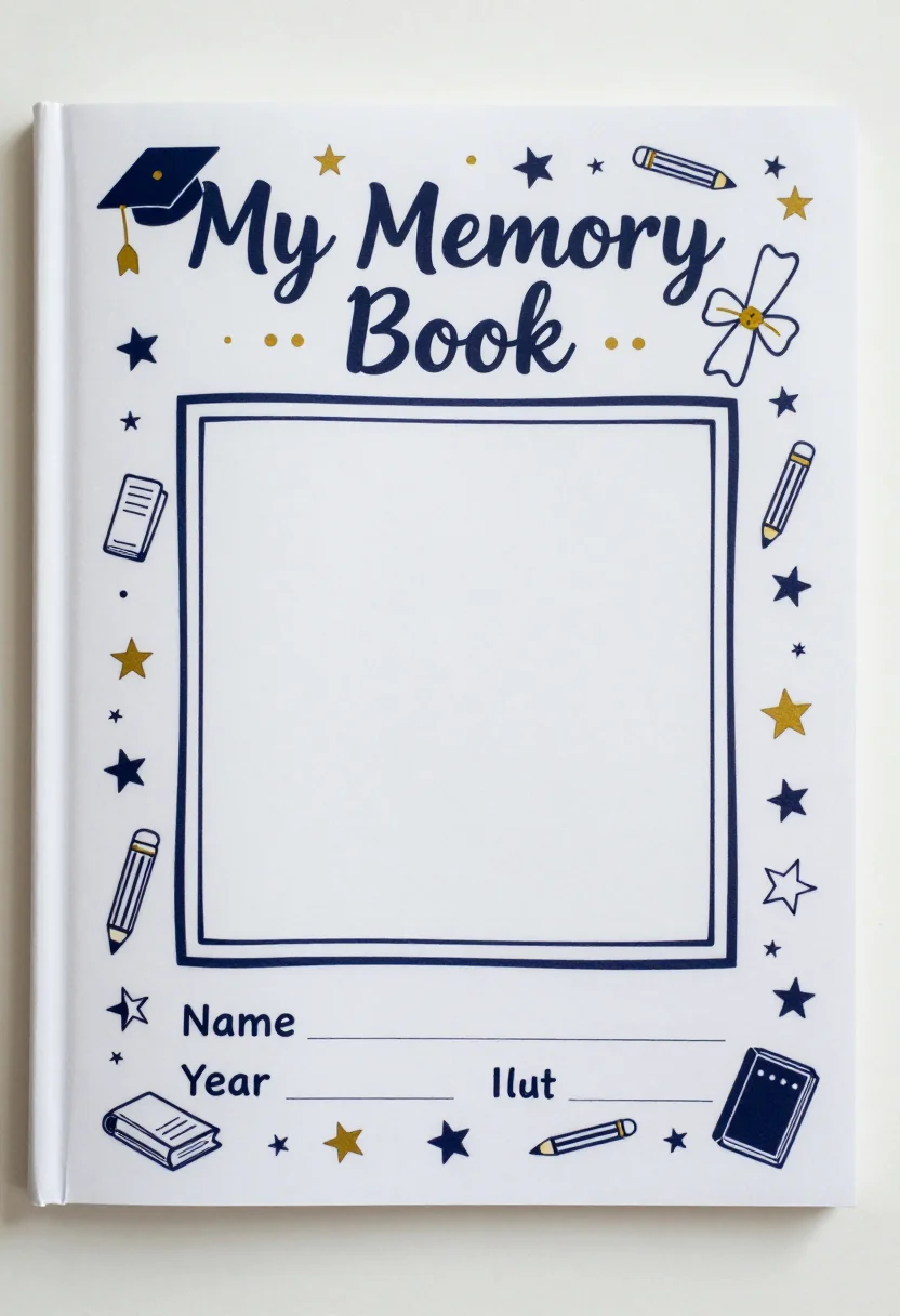 Graduation memory books — a vertical book cover headed "My Memory Book" with a small cap and diploma, a large empty frame in the middle for a drawing or photo, and blank lines for "Name" and "Year", hand-drawn doodle border of stars, pencils and books with friendly hand lettering