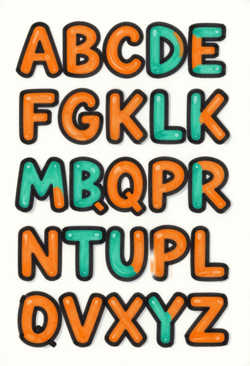 Graffiti alphabets — a chart of the 26 capitals "A" to "Z" as rounded graffiti throw-up letters in five rows, thick outline, two-tone fill and a short drop shadow, drawn in fat paint marker with a confident black outline, flat marker fills and hard edges