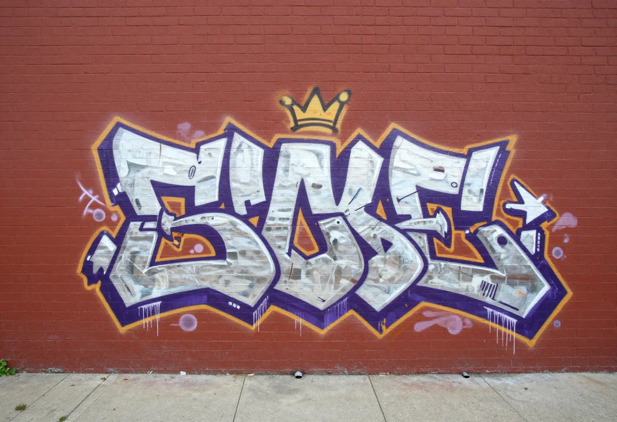 Graffiti art — A wildstyle graffiti piece on a red-brick wall, interlocking arrows and letter shapes rendered unreadable, a chrome fill with a purple outline and a yellow glow, drips at the base, a small painted crown above, a sidewalk and a drain below., street photograph of painted wall, overcast daylight, real surface texture, straight-on