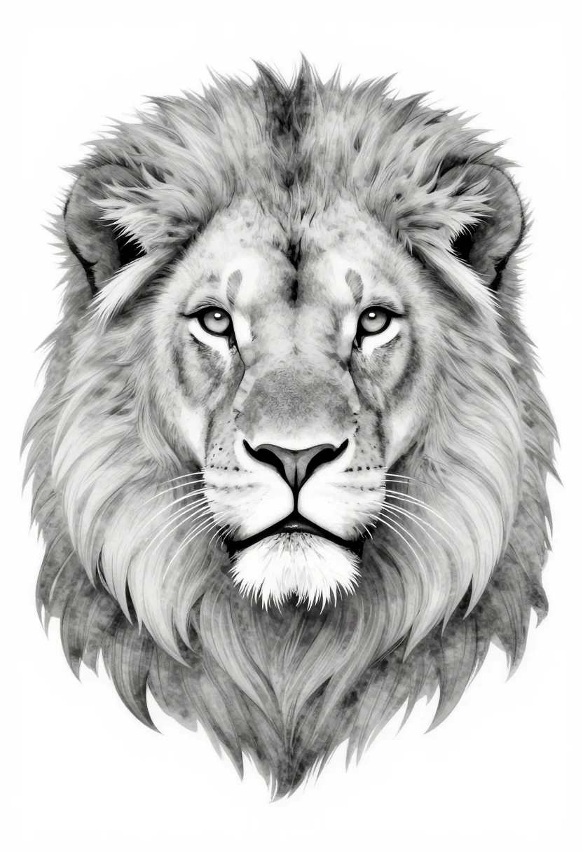 Grayscale coloring pages — a lion's head facing forward, a full mane in layered locks, whiskers and amber eyes in soft gray shading, smooth blended pencil-like gradients from light to dark, soft contour line