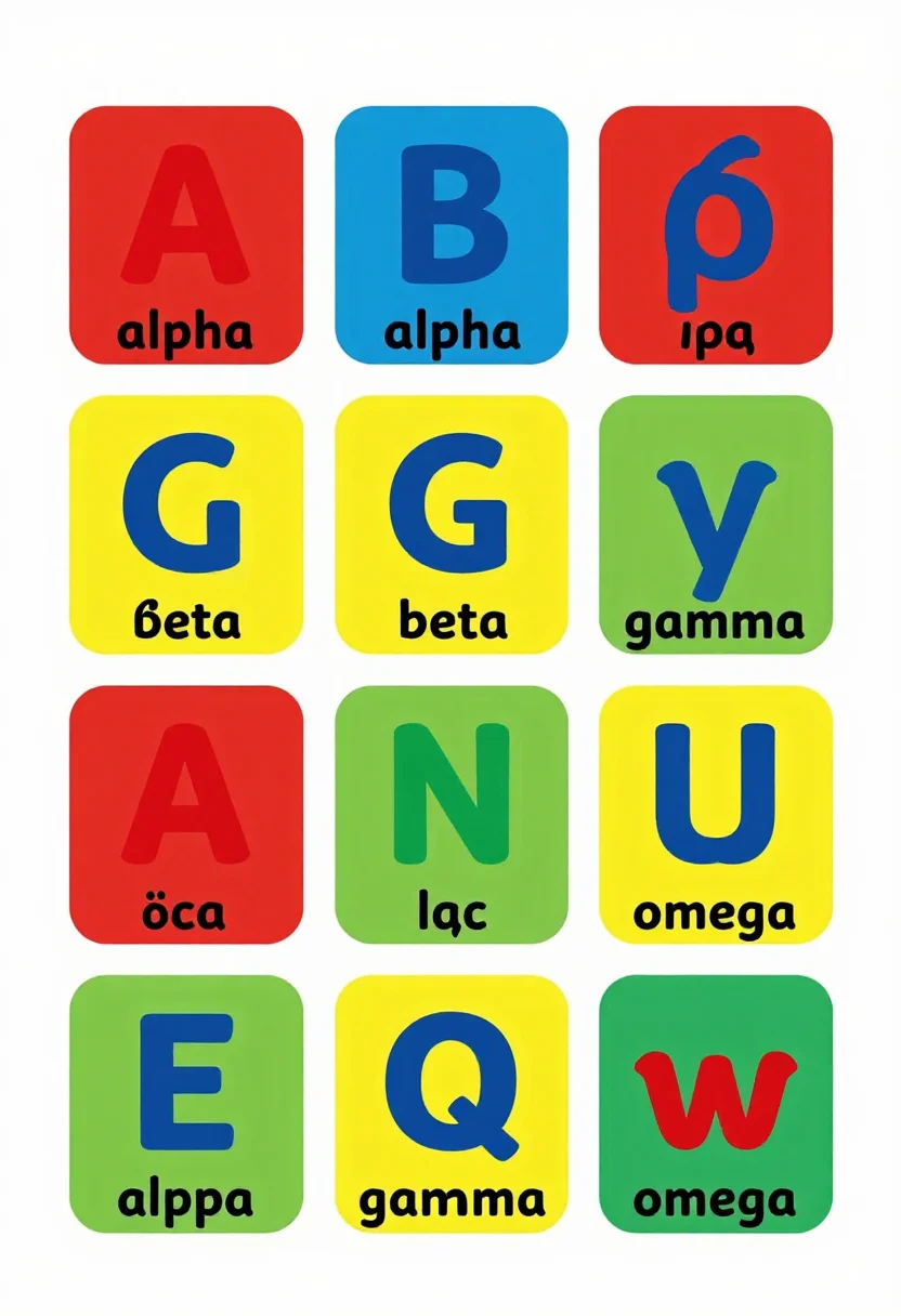 Greek alphabet charts — a chart of the 24 letters in a four-by-six grid, each box with the capital and small letter "Α α", "Β β", "Γ γ" through "Ω ω" and the name beneath, "alpha", "beta", "gamma" through "omega", a cheerful primary-school wall chart, each letter large in its own rounded box with bold clean shapes