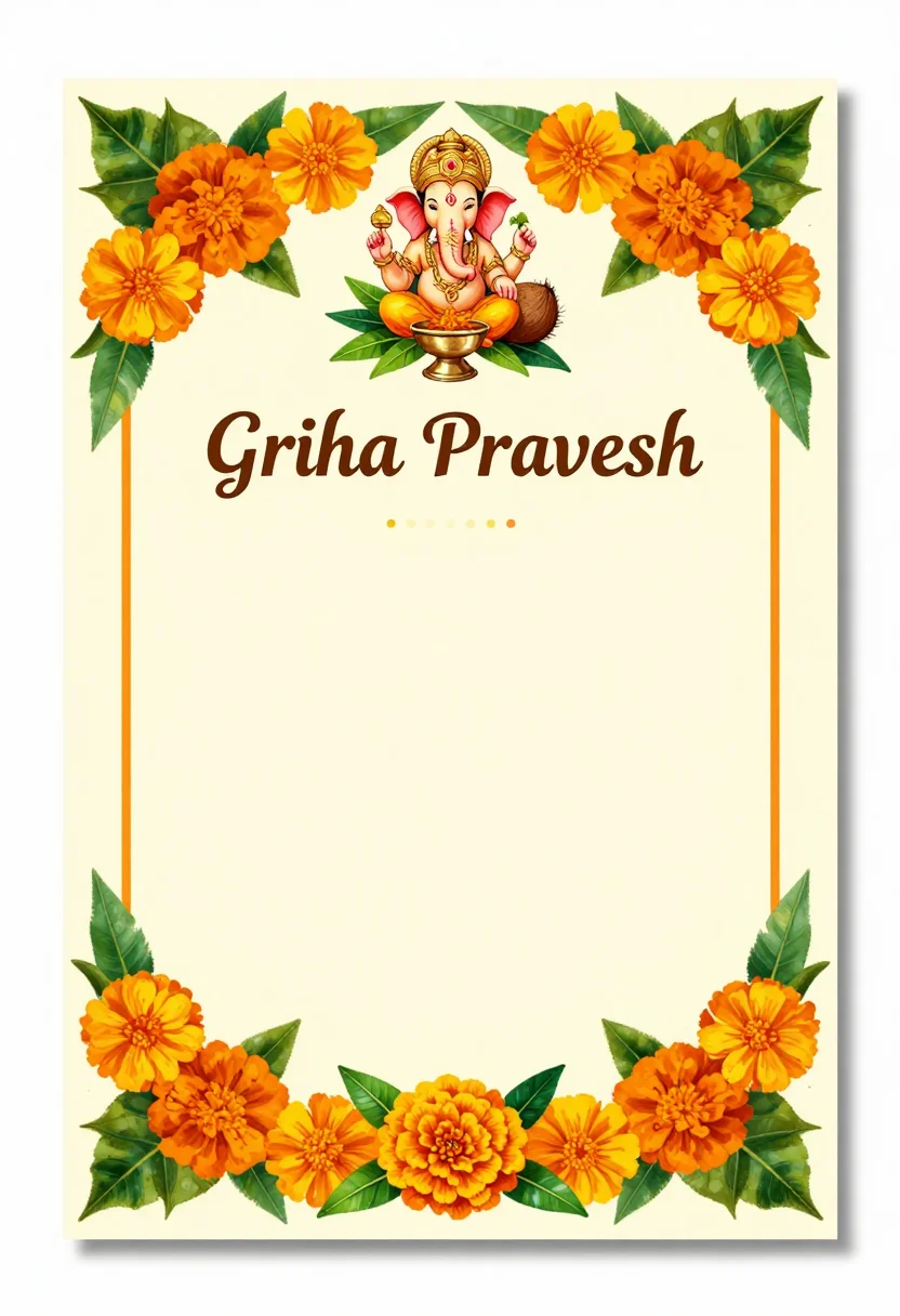 Griha Pravesh invitations — a vertical invitation card titled "Griha Pravesh" with Lord Ganesha at the top, a brass kalash topped with mango leaves and a coconut, and a blank panel for the address, the date and the time, a hand-painted gouache treatment with saturated marigold and mango-leaf motifs and soft brush edges