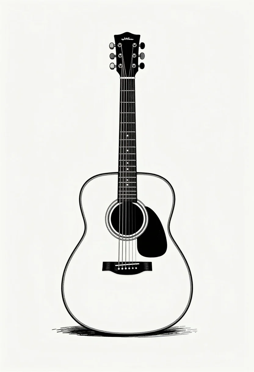 Guitars — A dreadnought acoustic guitar standing upright on a plain ground, the sunburst top, the sound hole and rosette, the pickguard, six tuning pegs on the headstock, a strap hanging loose, its shadow beneath., single-weight black line drawing, clean contour, white ground