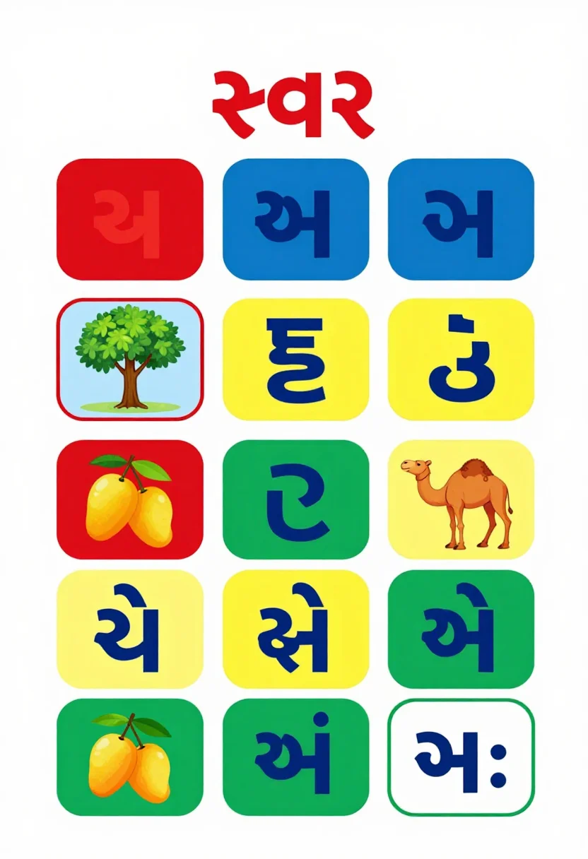 Gujarati alphabet charts — a chart headed "સ્વર" of the vowels "અ આ ઇ ઈ ઉ ઊ ઋ એ ઐ ઓ ઔ અં અઃ", each letter large with no top line in its own box with a small picture, a mango tree for આ (આંબો) and a camel for ઊ (ઊંટ), a cheerful primary-school wall chart, each letter large in its own rounded box with bold clean shapes