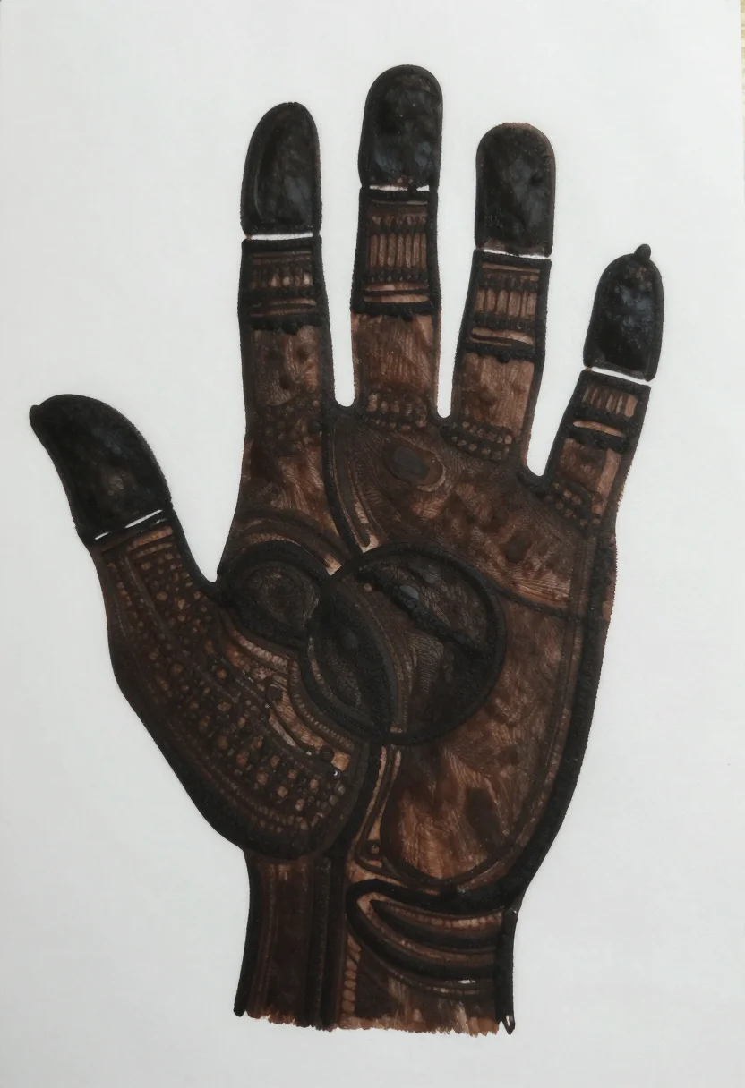 Gulf henna — the traditional Gulf look: a solid filled circle in the palm and every fingertip filled solid, nothing else, bold black outlines with large solid-filled areas and dense fingertips