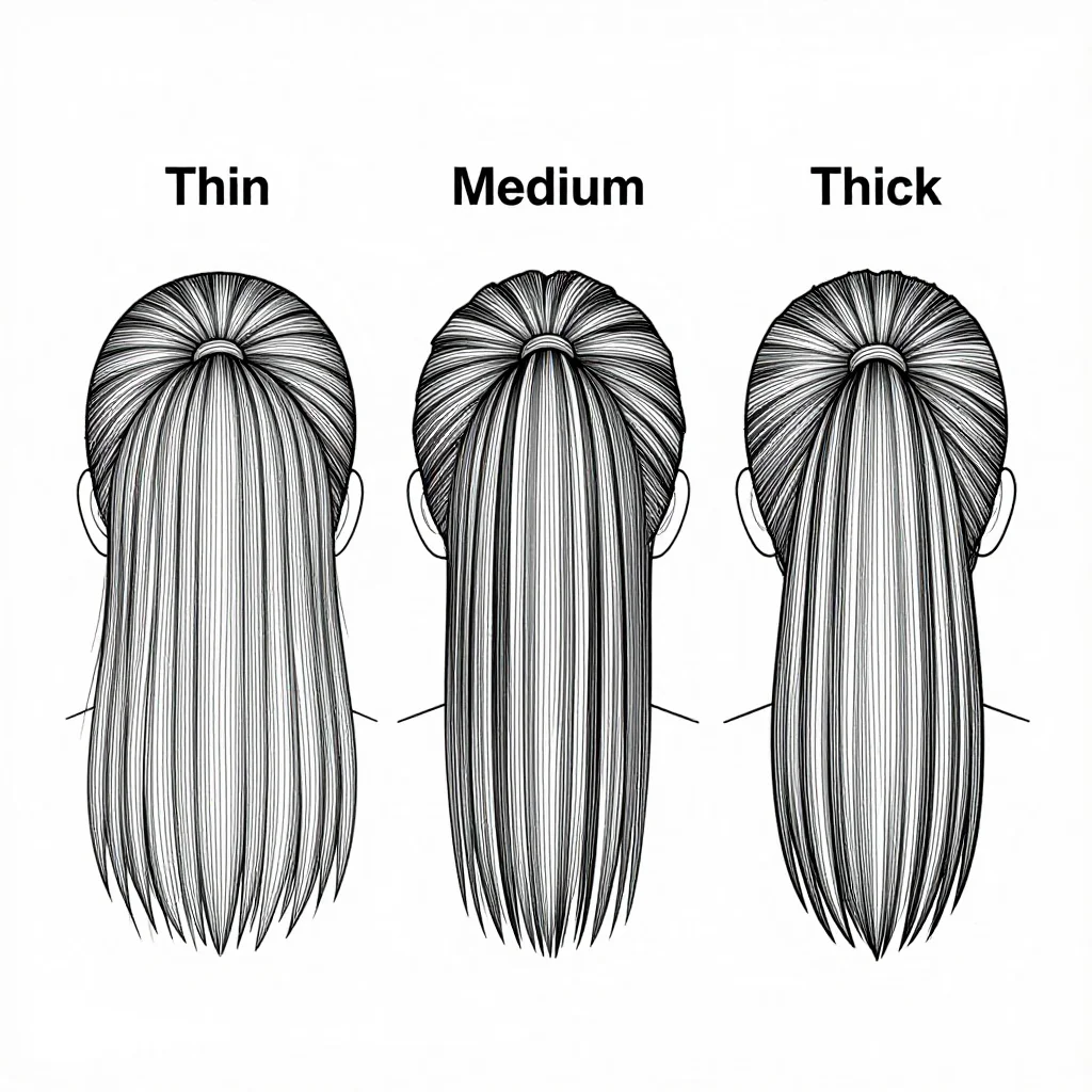 Hair density charts — three heads seen from above with a centre parting, labelled "Thin", "Medium" and "Thick", the scalp showing less on each, technical line art with the hair drawn as fine parallel black strokes, more strokes for each level