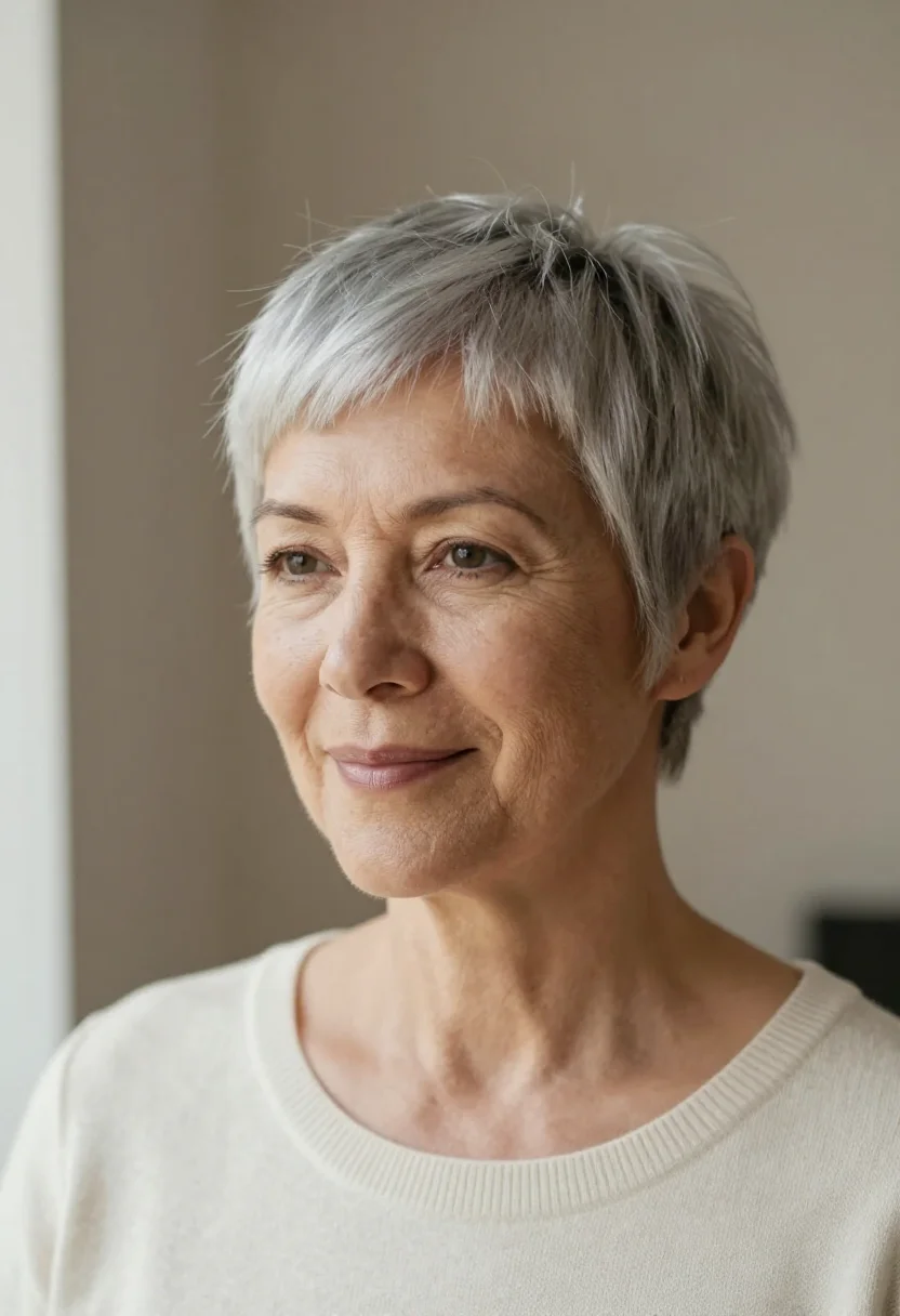Hairstyles over 50 — a short silver pixie with soft side-swept bangs, smile lines at the eyes, a salon photo in front three-quarter view, soft window light from camera-left, a balance of light with gentle shadow on the far cheek