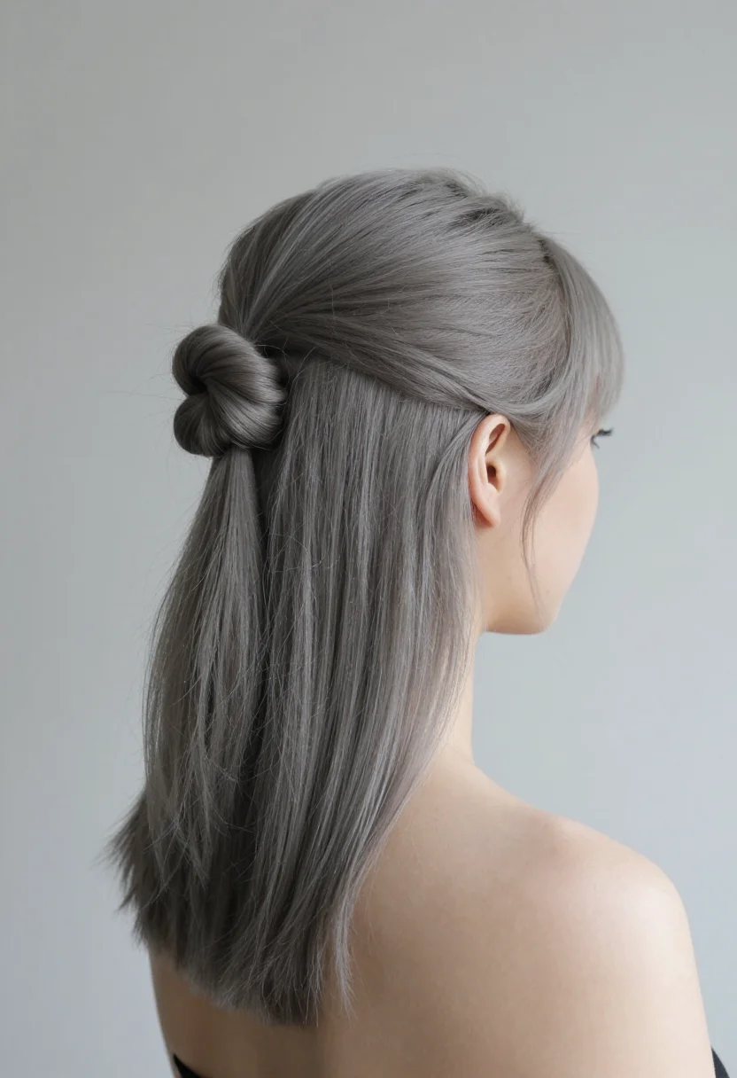 Half-up hairstyles — the top half of the hair twisted into a small knot at the crown, the rest falling straight to the shoulders, a salon lookbook photograph taken from behind and a little to one side, the head turned over the shoulder, a plain pale-grey wall behind