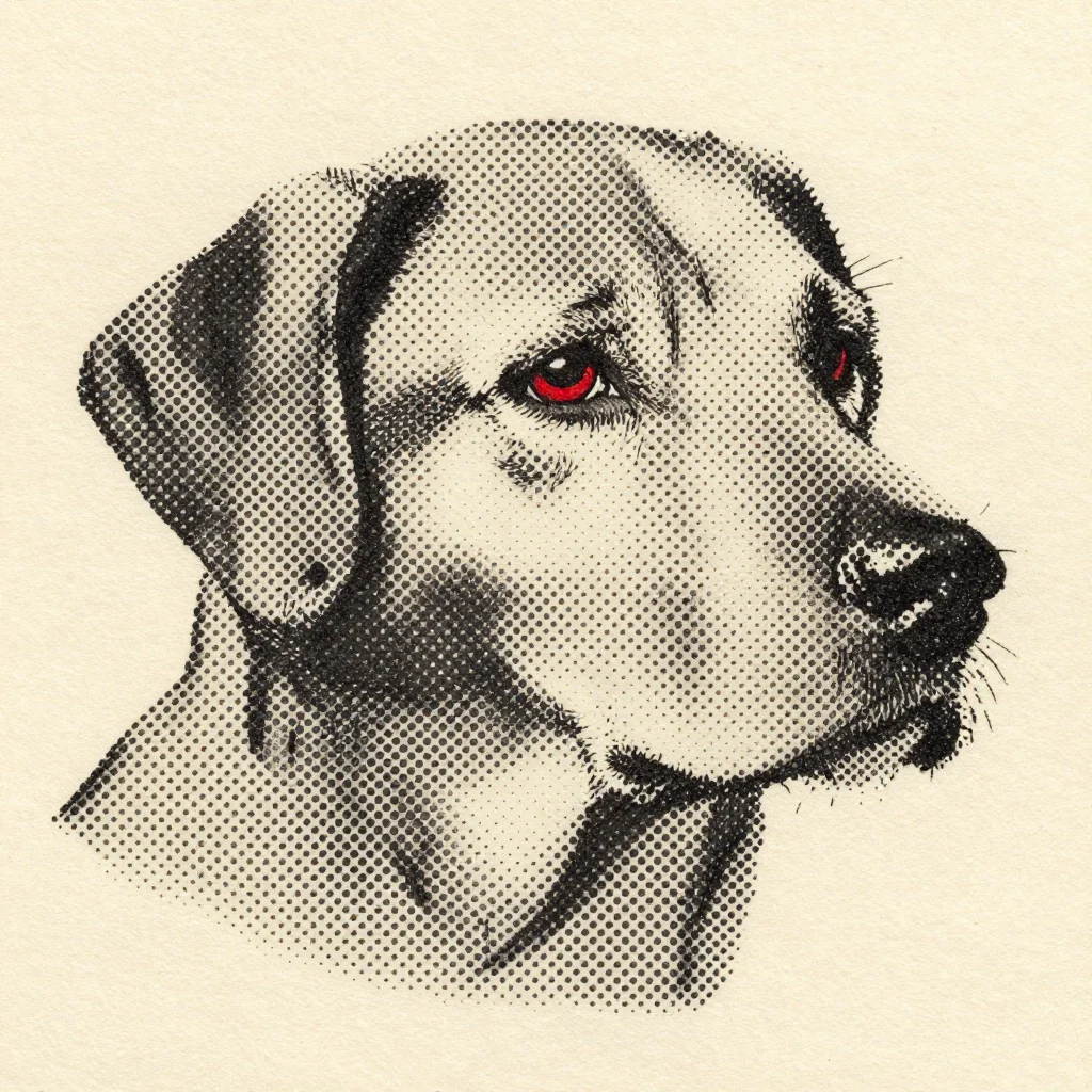 Halftone — A dog's head reproduced entirely in halftone dots, the dots coarse and open across the light fur and packed tight in the shadow under the jaw, the dot grid running at one consistent angle across the whole shape., single-colour halftone, matte ink with no shine, coarse round dots on a rough paper tooth, edges made of dots rather than lines, a flat even near-frontal light implied, high contrast with open paper as the light tone