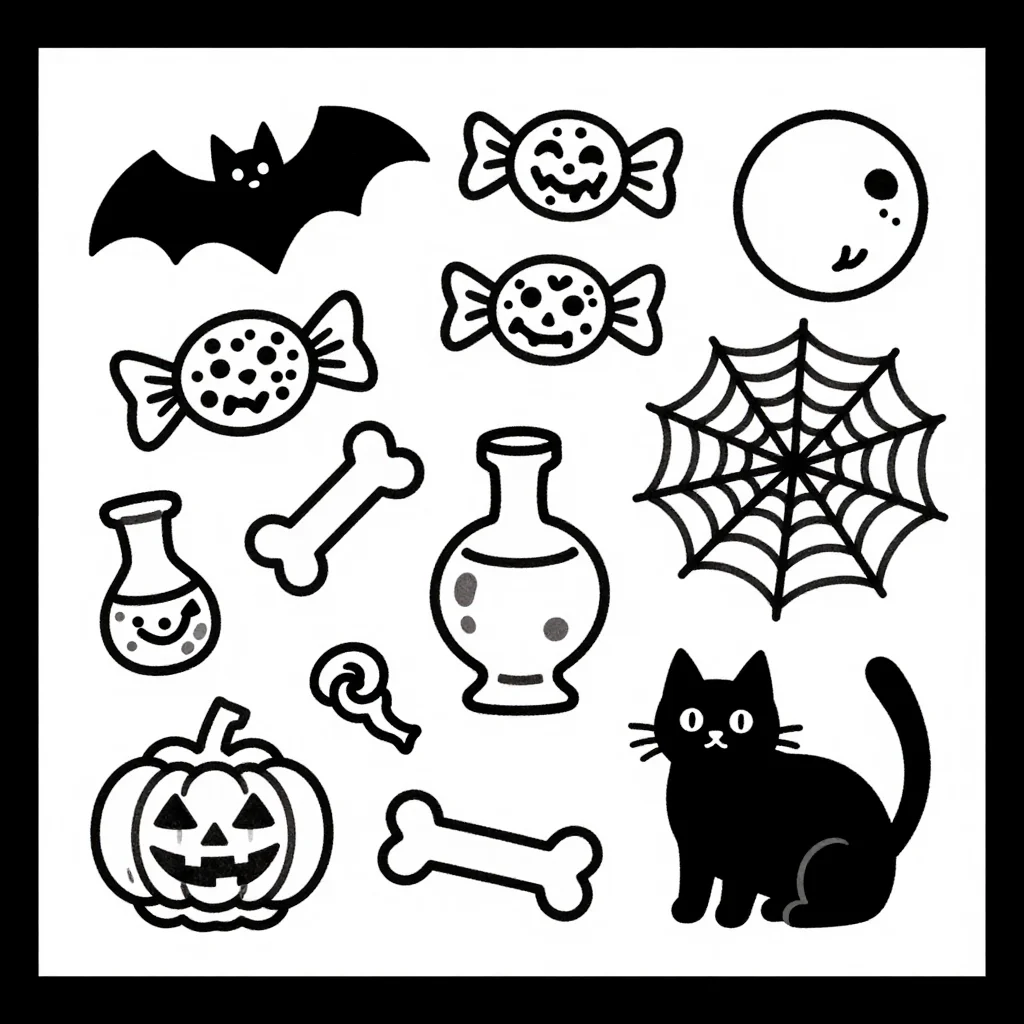 Halloween doodles — A page packed with small halloween doodles: a bat, a candy, a potion, a bone, a web, a moon, a cat, no gaps, bold marker-doodle outline, thick confident uniform strokes